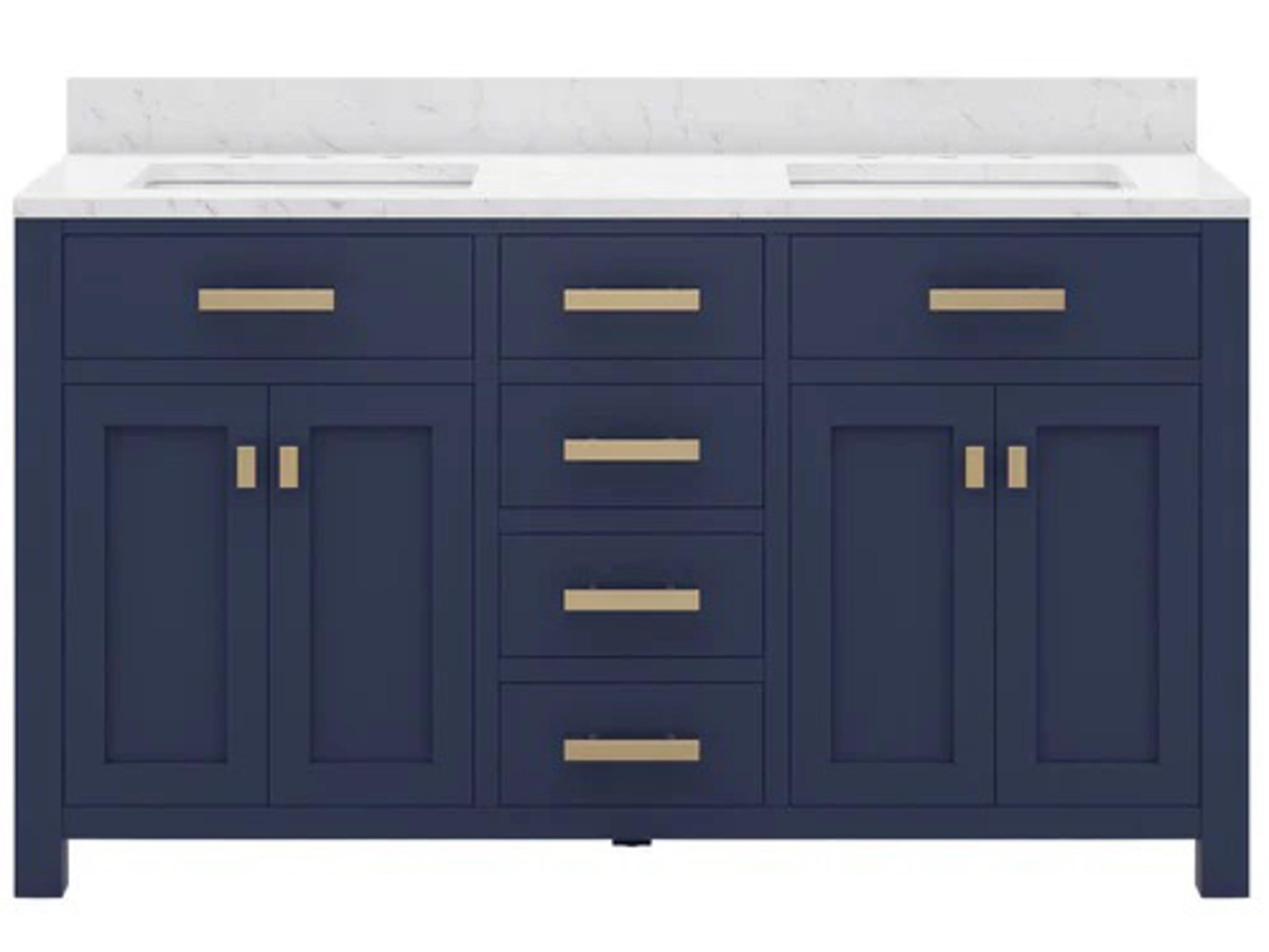 Madison Double Sink Carrara White Marble Countertop Bath Vanity In Monarch Blue with Satin Gold Hardware