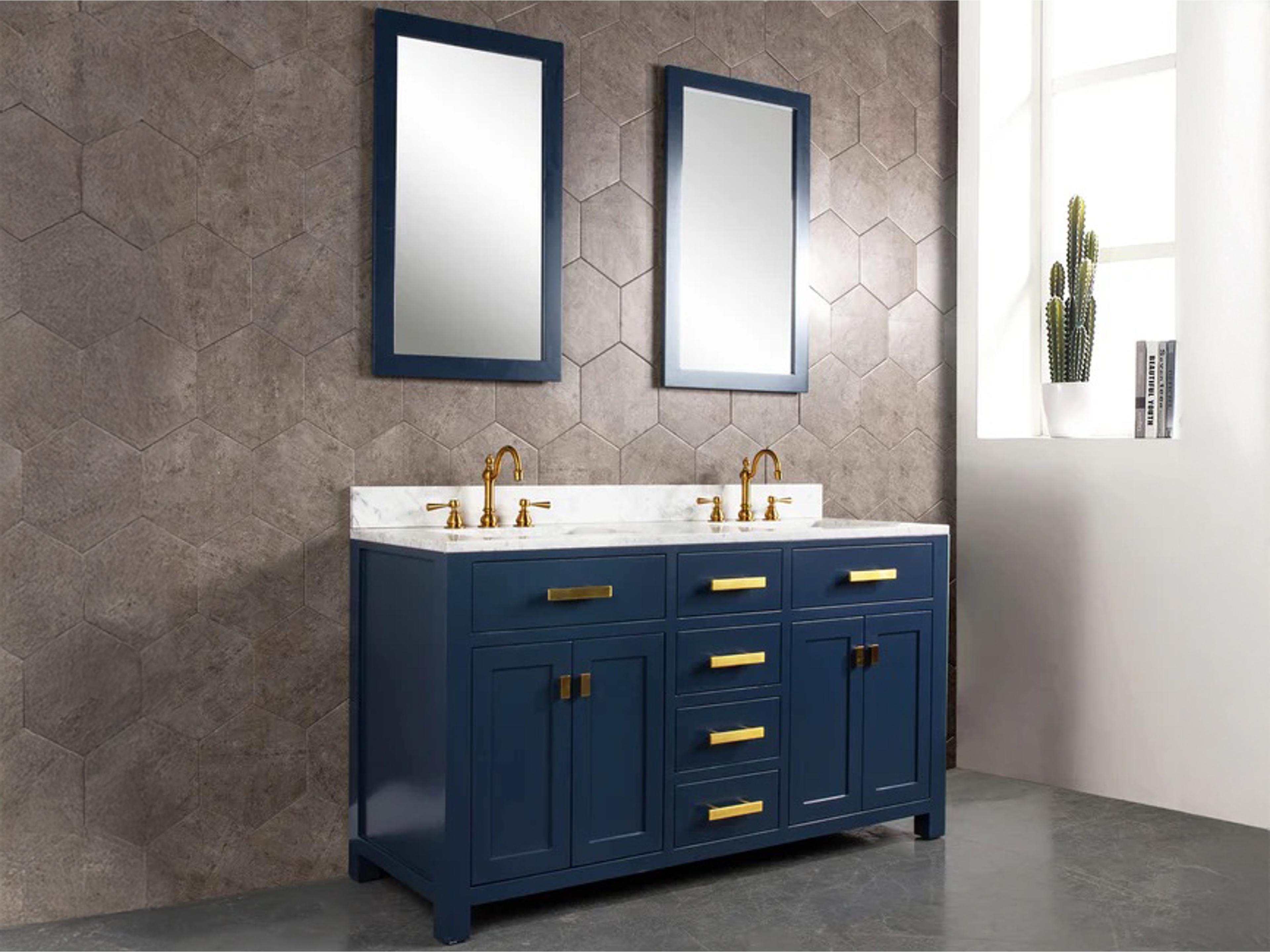 Water Creation Madison Double Sink Carrara White Marble Countertop Bath Vanity In Monarch Blue with Satin Gold Hardware