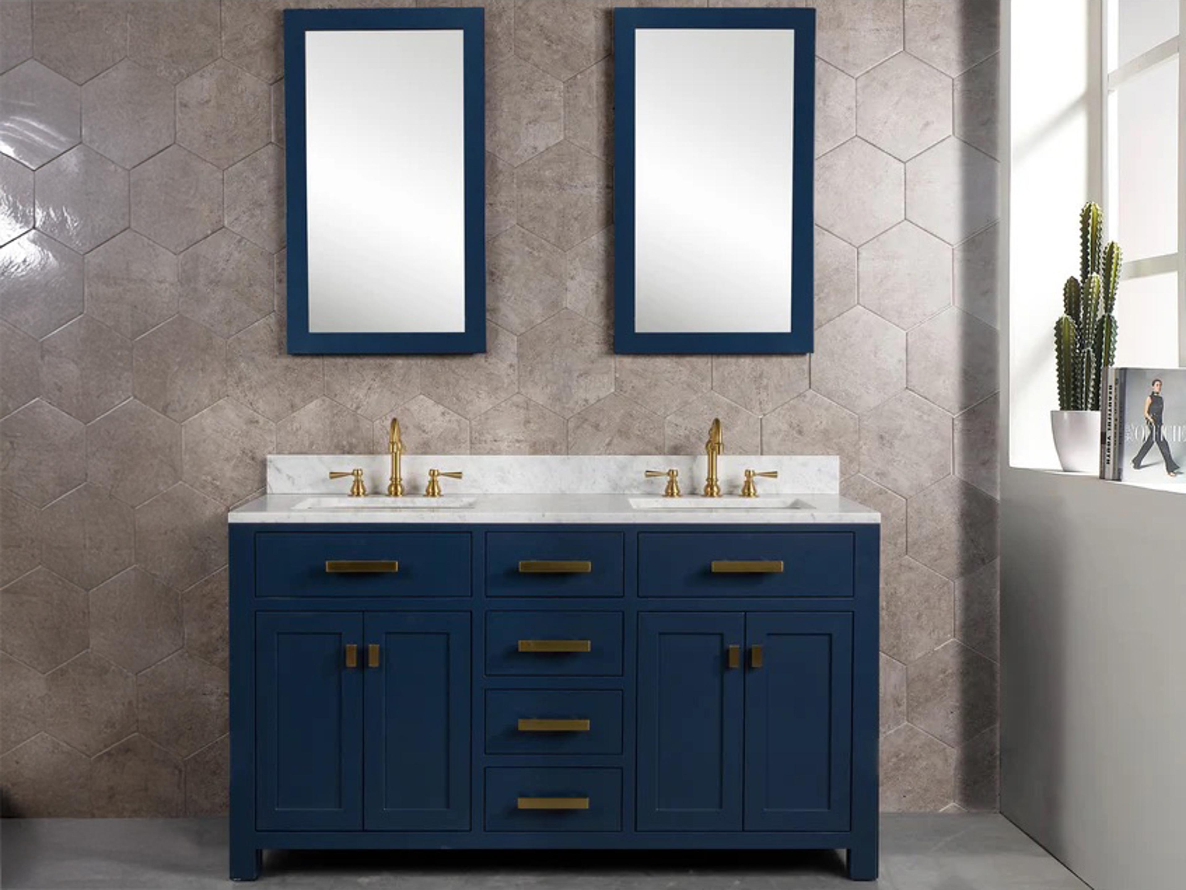Water Creation Madison Double Sink Carrara White Marble Countertop Bath Vanity In Monarch Blue with Satin Gold Hardware