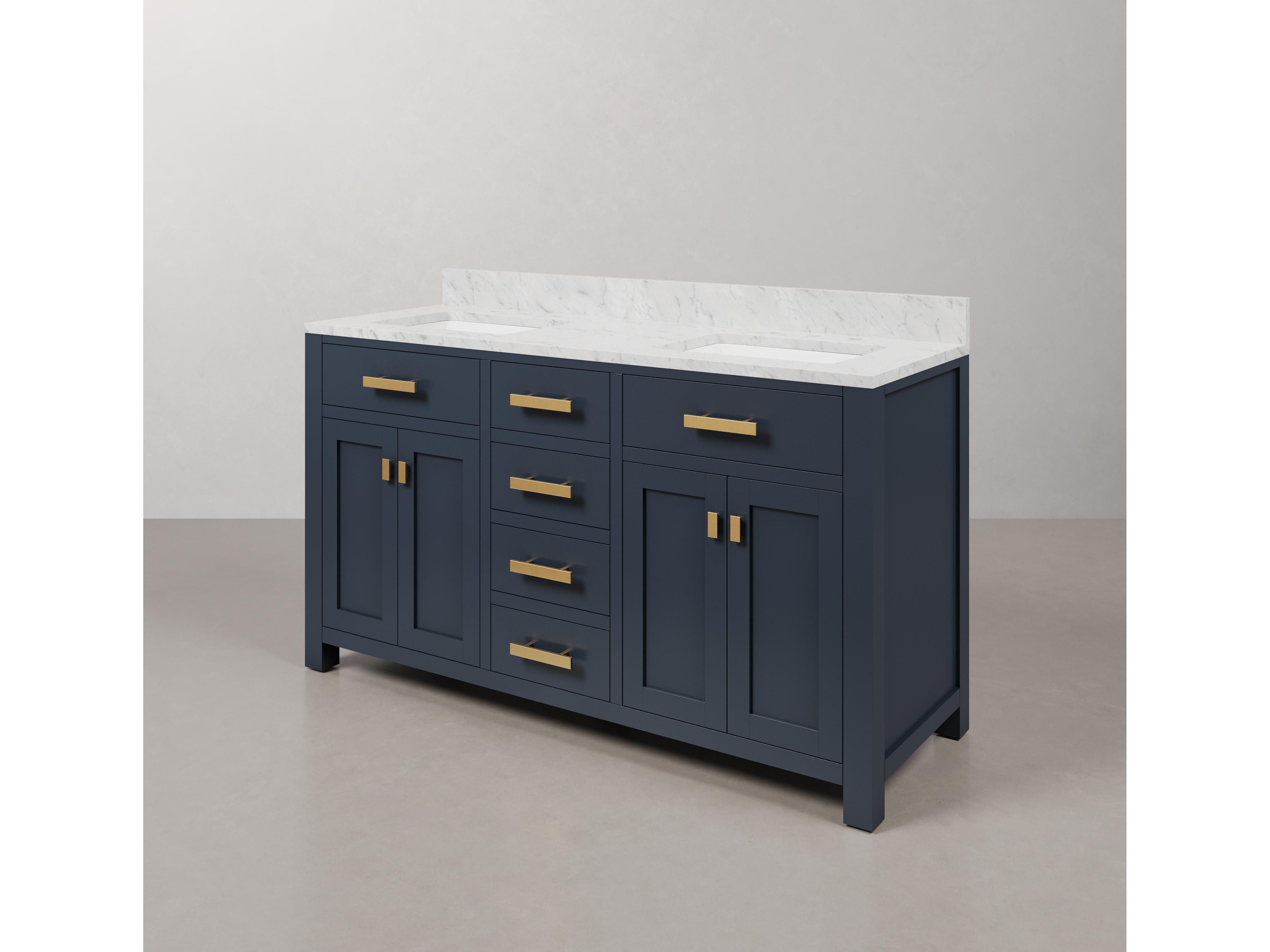 Water Creation Madison Double Sink Carrara White Marble Countertop Bath Vanity In Monarch Blue with Satin Gold Hardware
