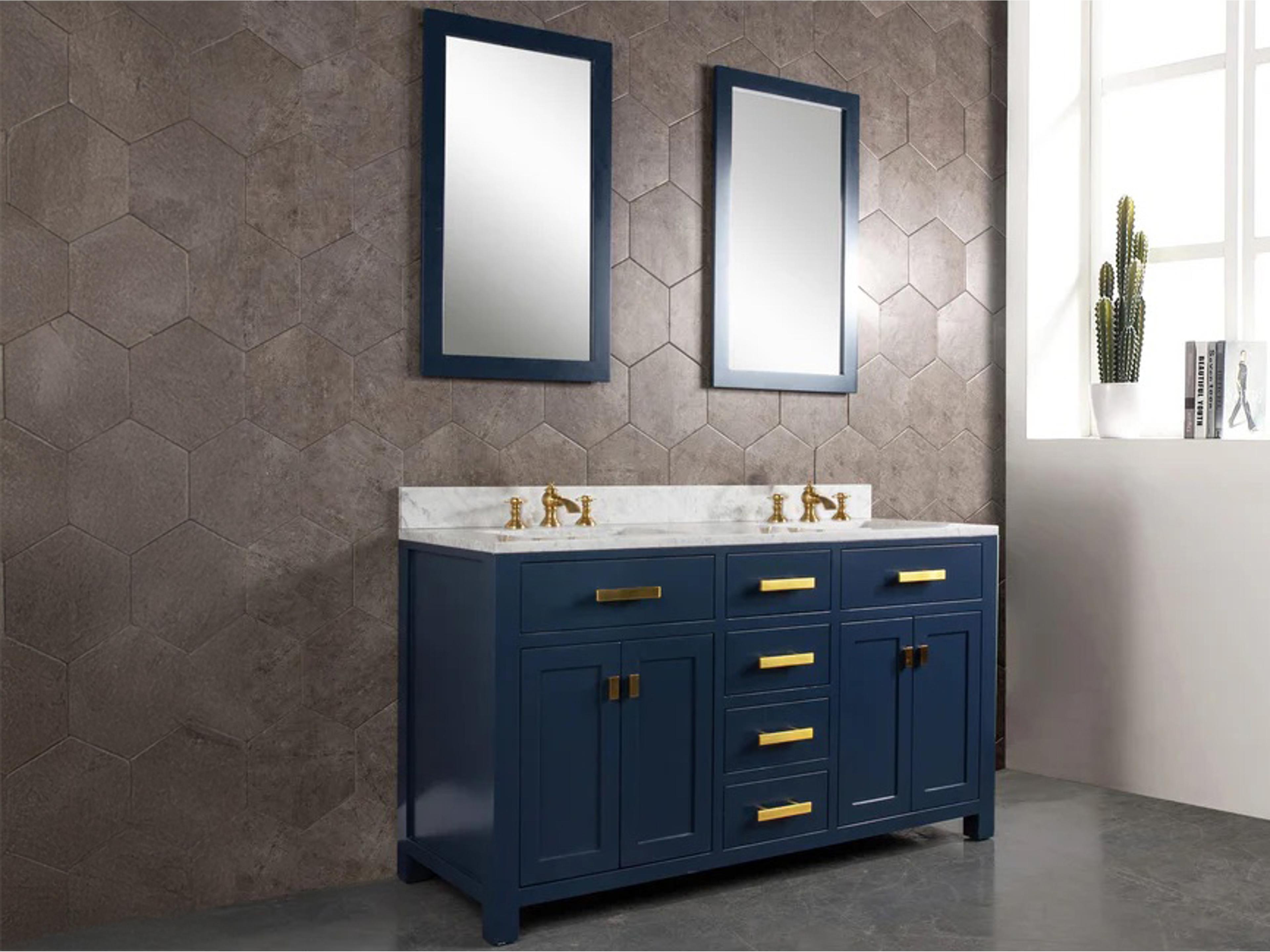 Water Creation Madison Double Sink Carrara White Marble Countertop Bath Vanity In Monarch Blue with Satin Gold Hardware and Waterfall Faucets
