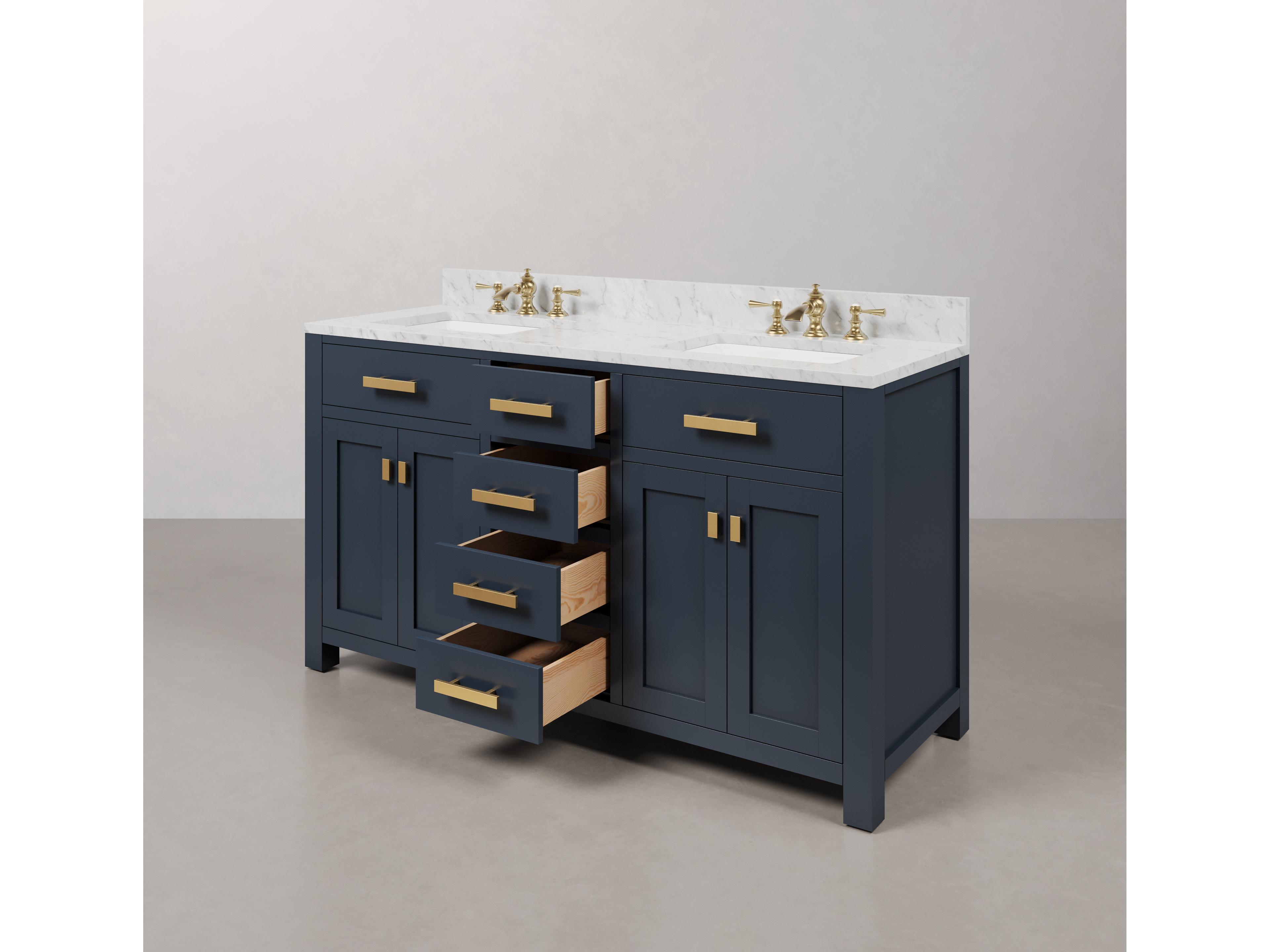 Water Creation Madison Double Sink Carrara White Marble Countertop Bath Vanity In Monarch Blue with Satin Gold Hardware and Waterfall Faucets