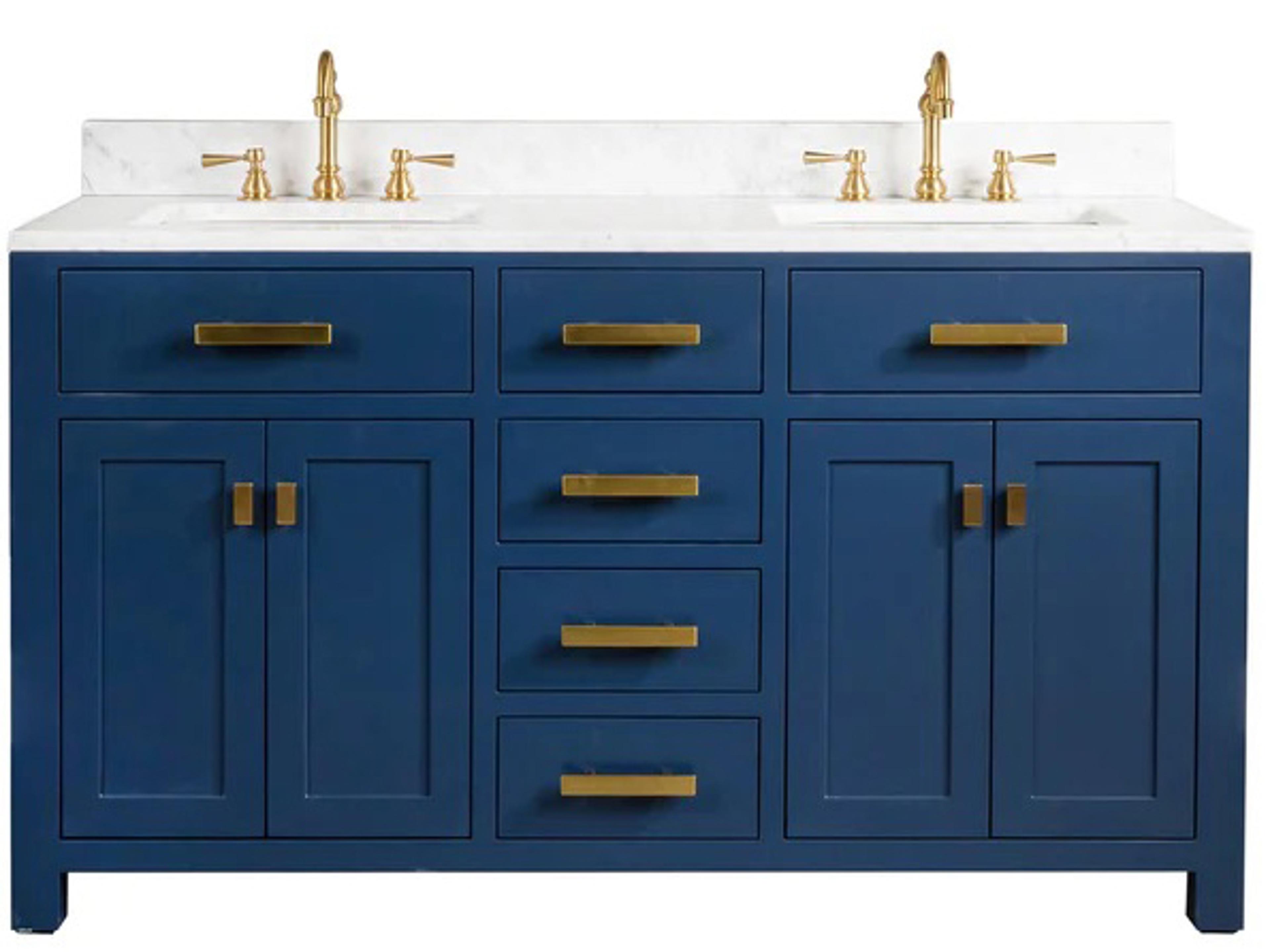 Madison Double Sink Carrara White Marble Countertop Bath Vanity In Monarch Blue with Satin Gold Hardware and Hook Faucets