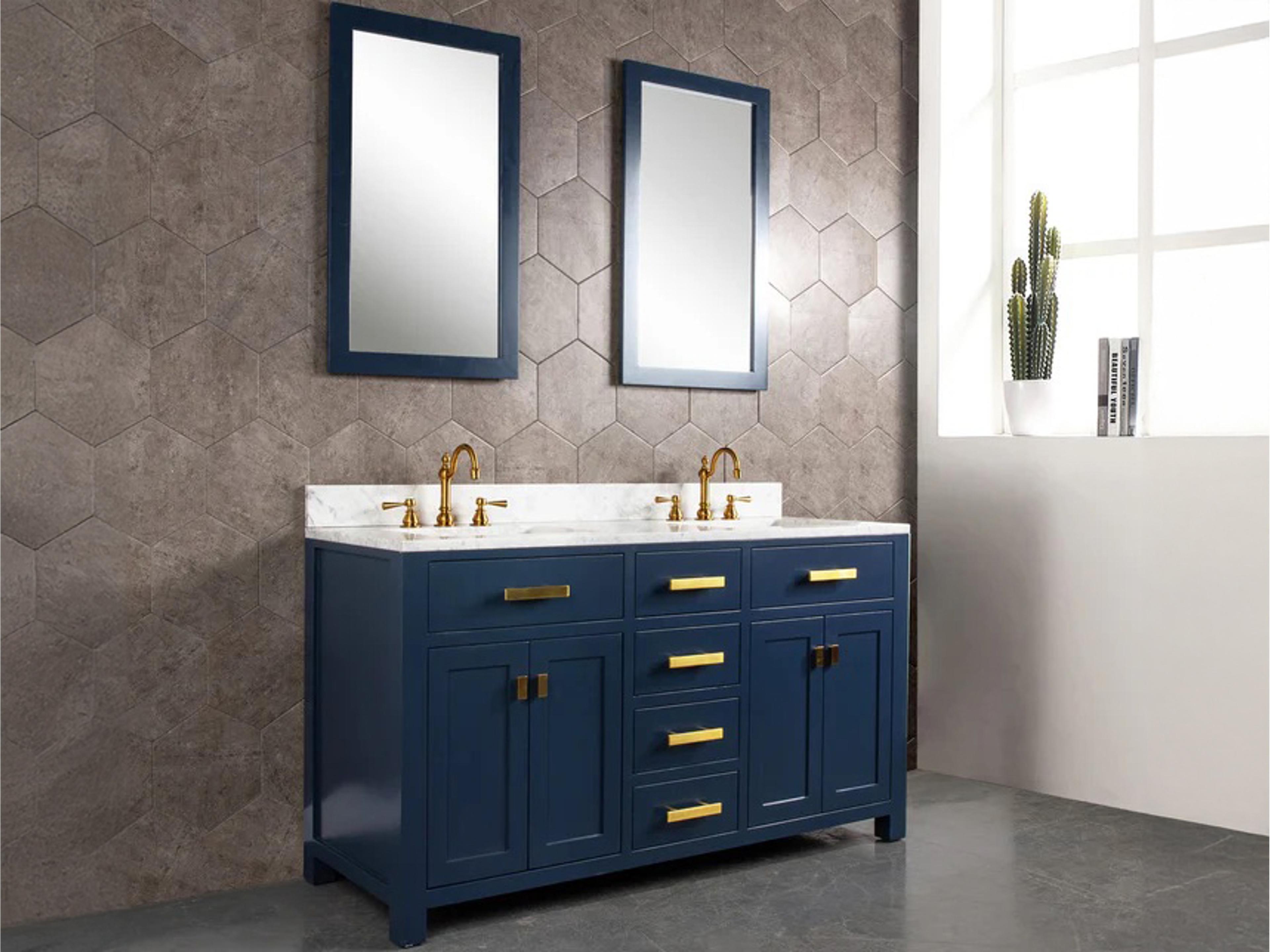 Water Creation Madison Double Sink Carrara White Marble Countertop Bath Vanity In Monarch Blue with Satin Gold Hardware and Hook Faucets