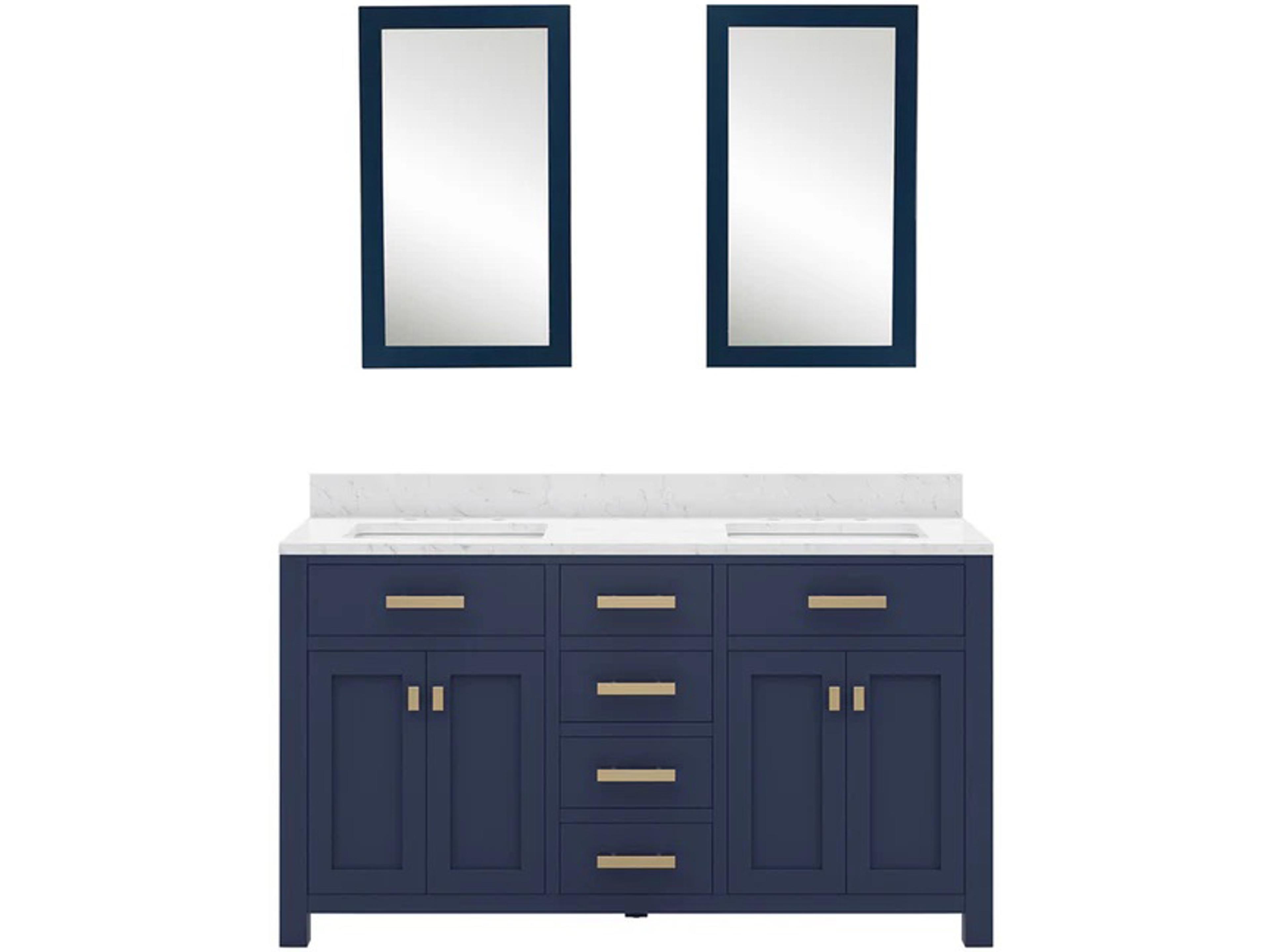Madison Double Sink Carrara White Marble Countertop Bath Vanity In Monarch Blue with Satin Gold Hardware and Rectangular Mirrors (S)