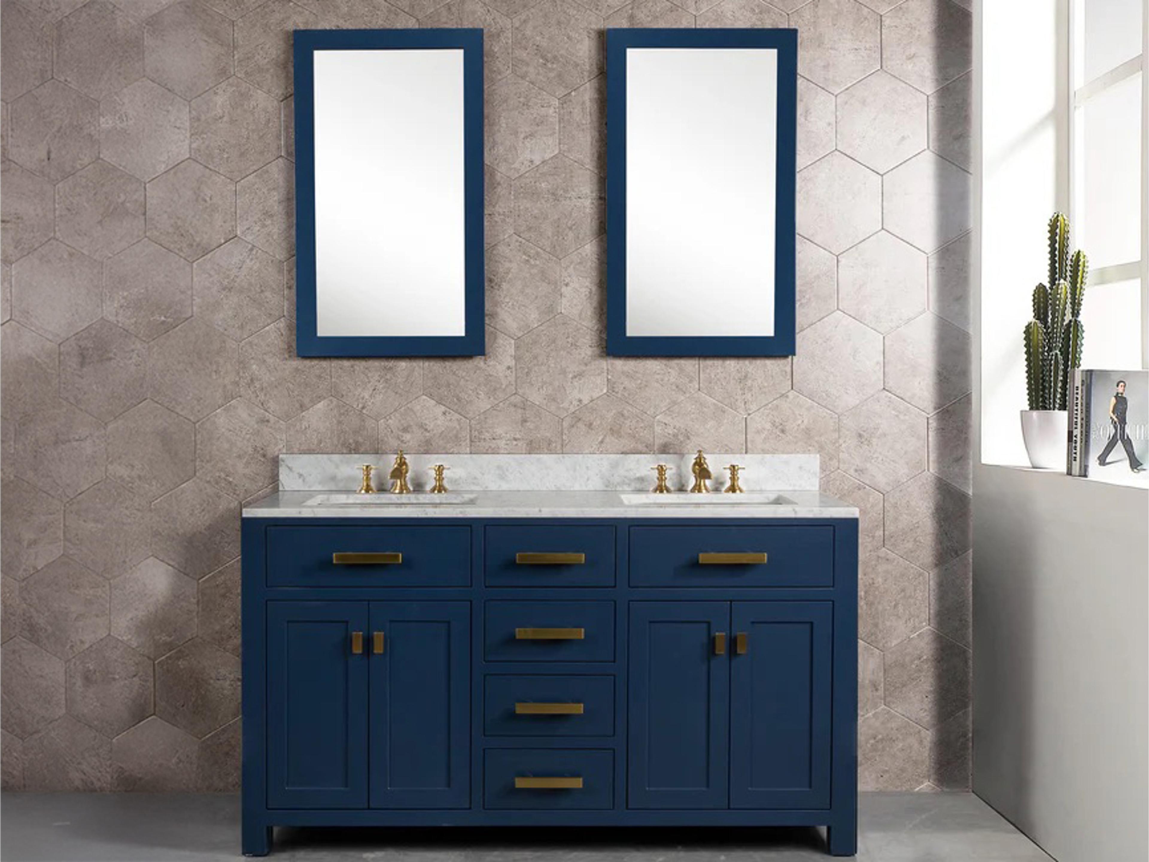 Water Creation Madison Double Sink Carrara White Marble Countertop Bath Vanity In Monarch Blue with Satin Gold Hardware and Rectangular Mirrors (S)