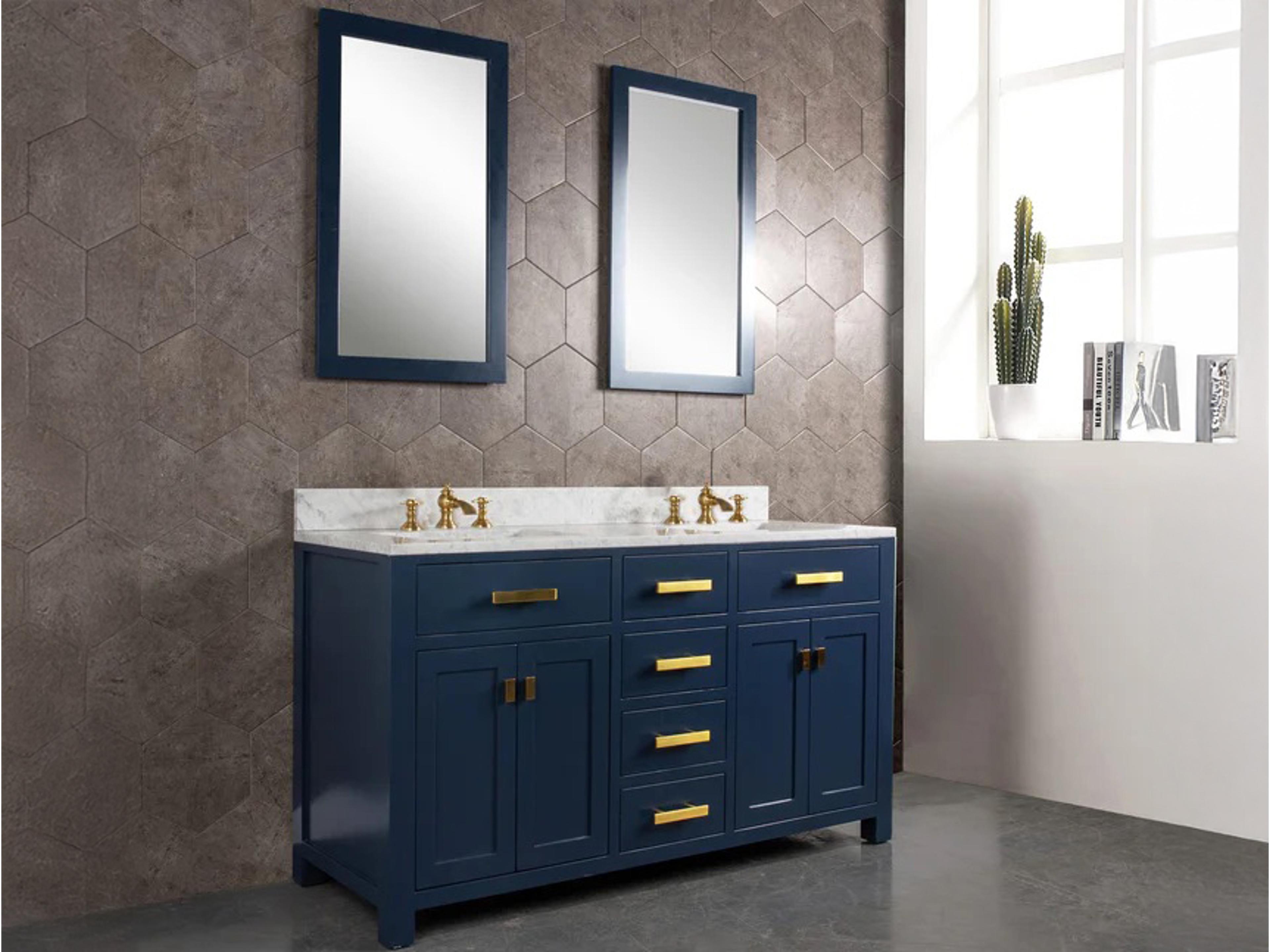 Water Creation Madison Double Sink Carrara White Marble Countertop Bath Vanity In Monarch Blue with Satin Gold Hardware and Rectangular Mirrors (S)