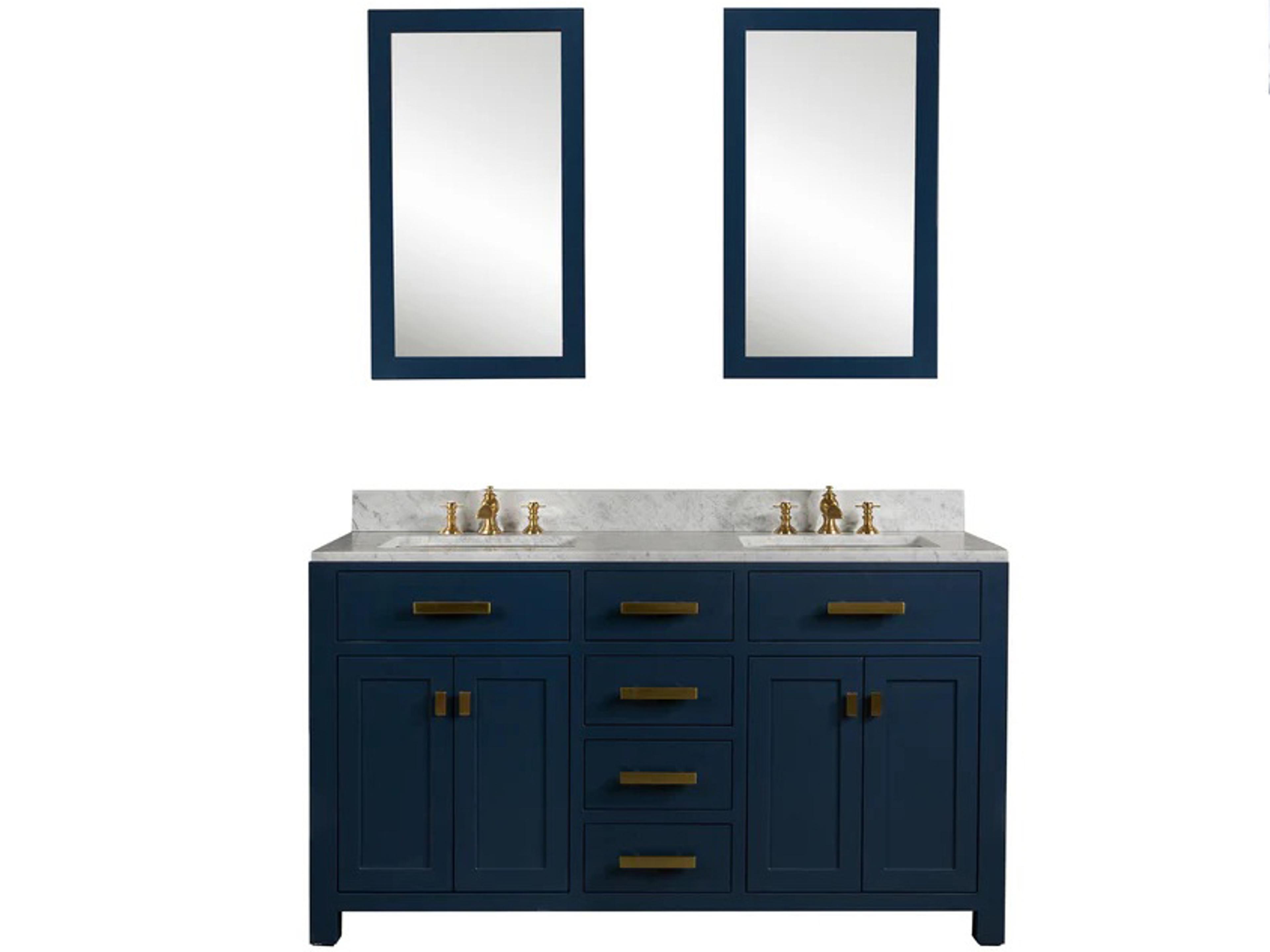 Water Creation Madison Double Sink Carrara White Marble Countertop Bath Vanity In Monarch Blue with Satin Gold Hardware, Waterfall Faucets and Rectangular Mirrors (S)