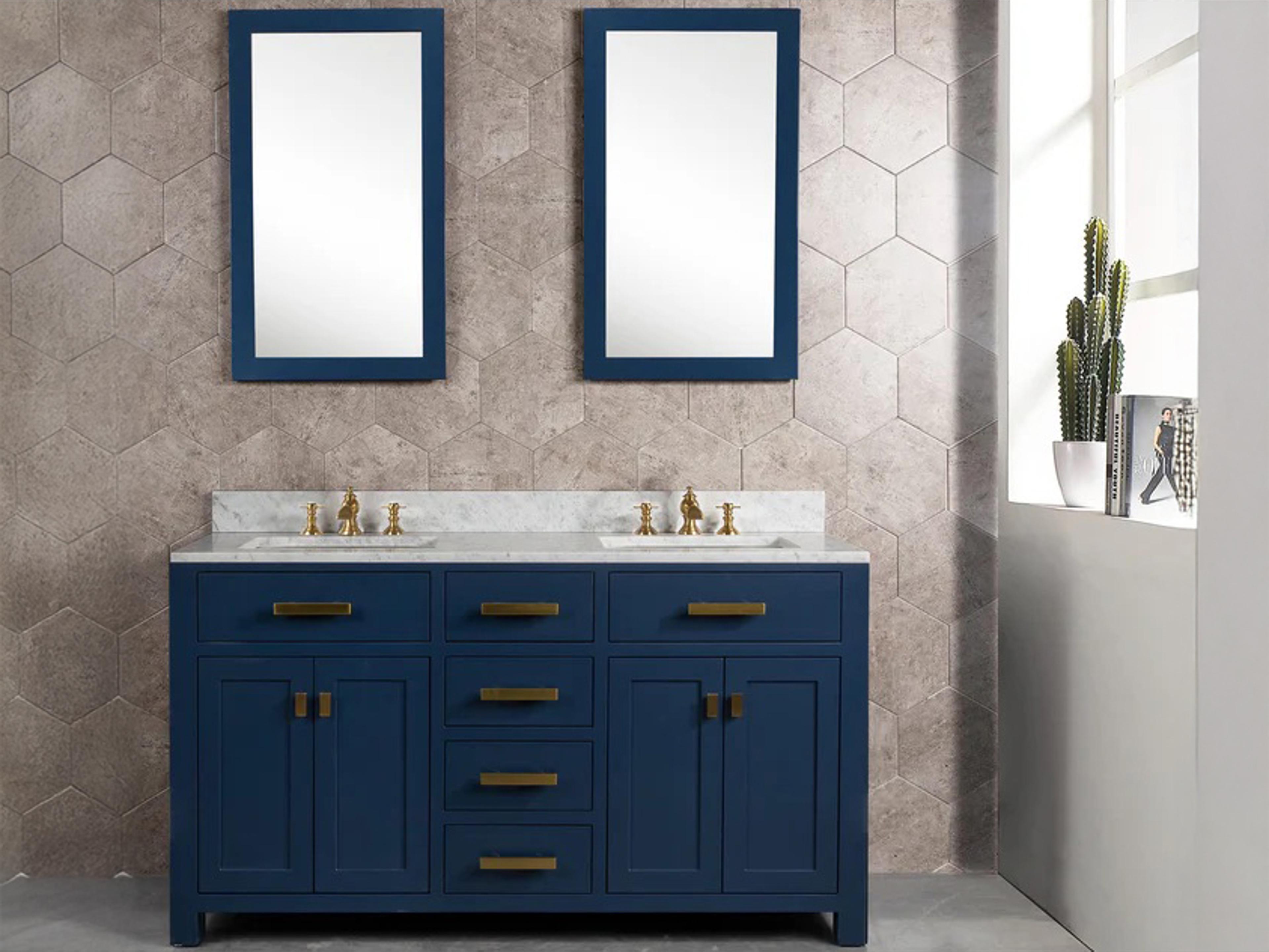 Water Creation Madison Double Sink Carrara White Marble Countertop Bath Vanity In Monarch Blue with Satin Gold Hardware, Waterfall Faucets and Rectangular Mirrors (S)