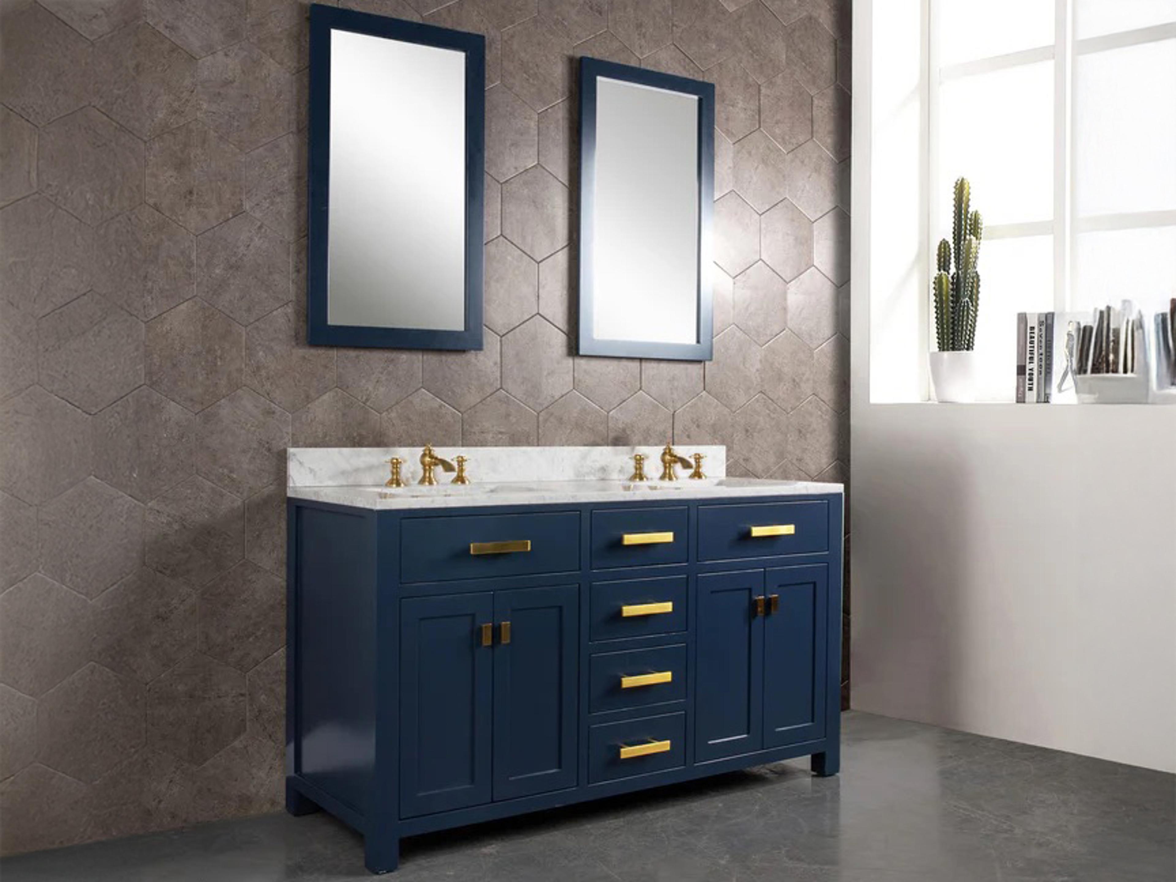 Water Creation Madison Double Sink Carrara White Marble Countertop Bath Vanity In Monarch Blue with Satin Gold Hardware, Waterfall Faucets and Rectangular Mirrors (S)