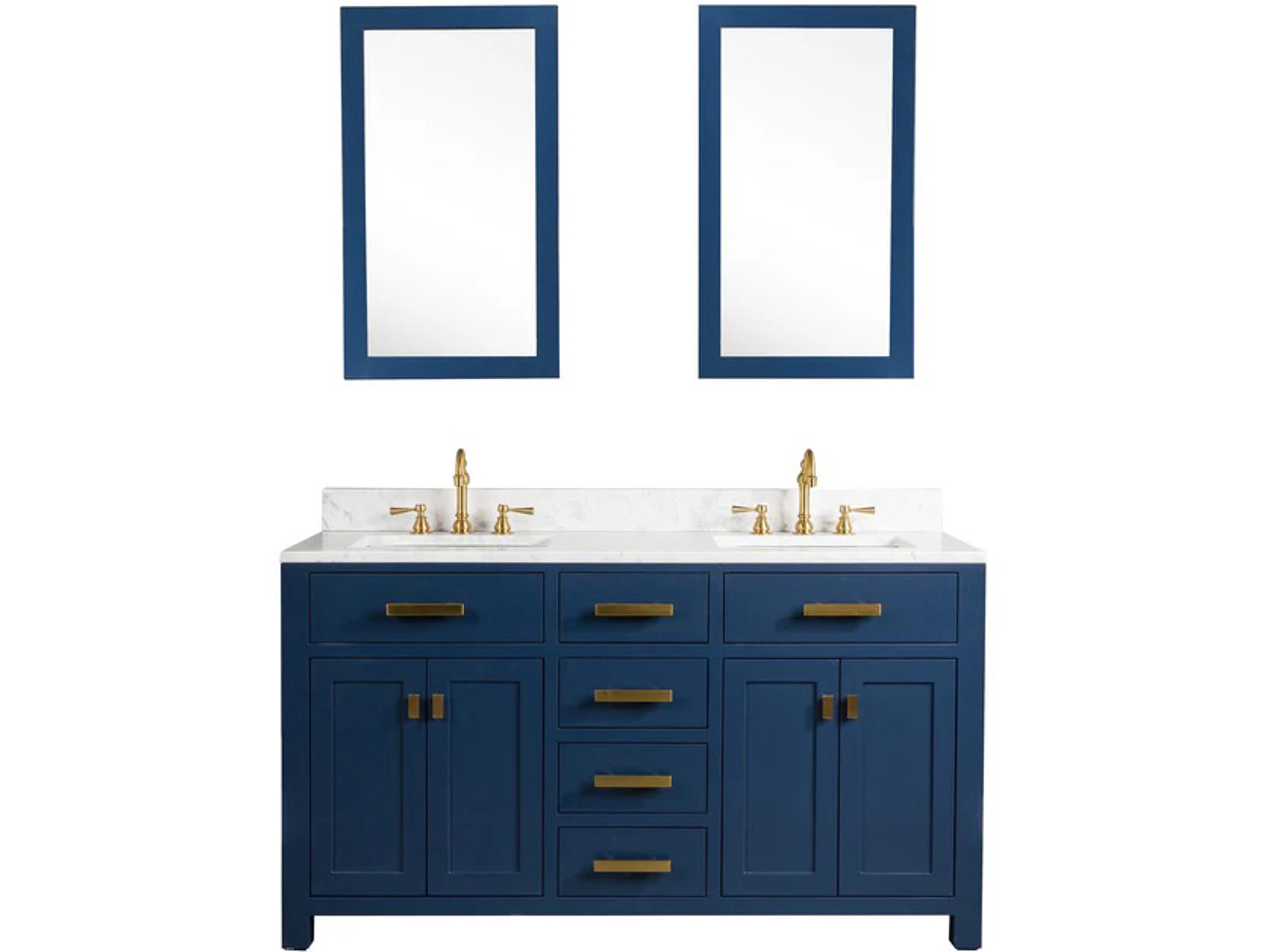 Madison Double Sink Carrara White Marble Countertop Bath Vanity In Monarch Blue with Satin Gold Hardware, Hook Faucets and Rectangular Mirrors (S)