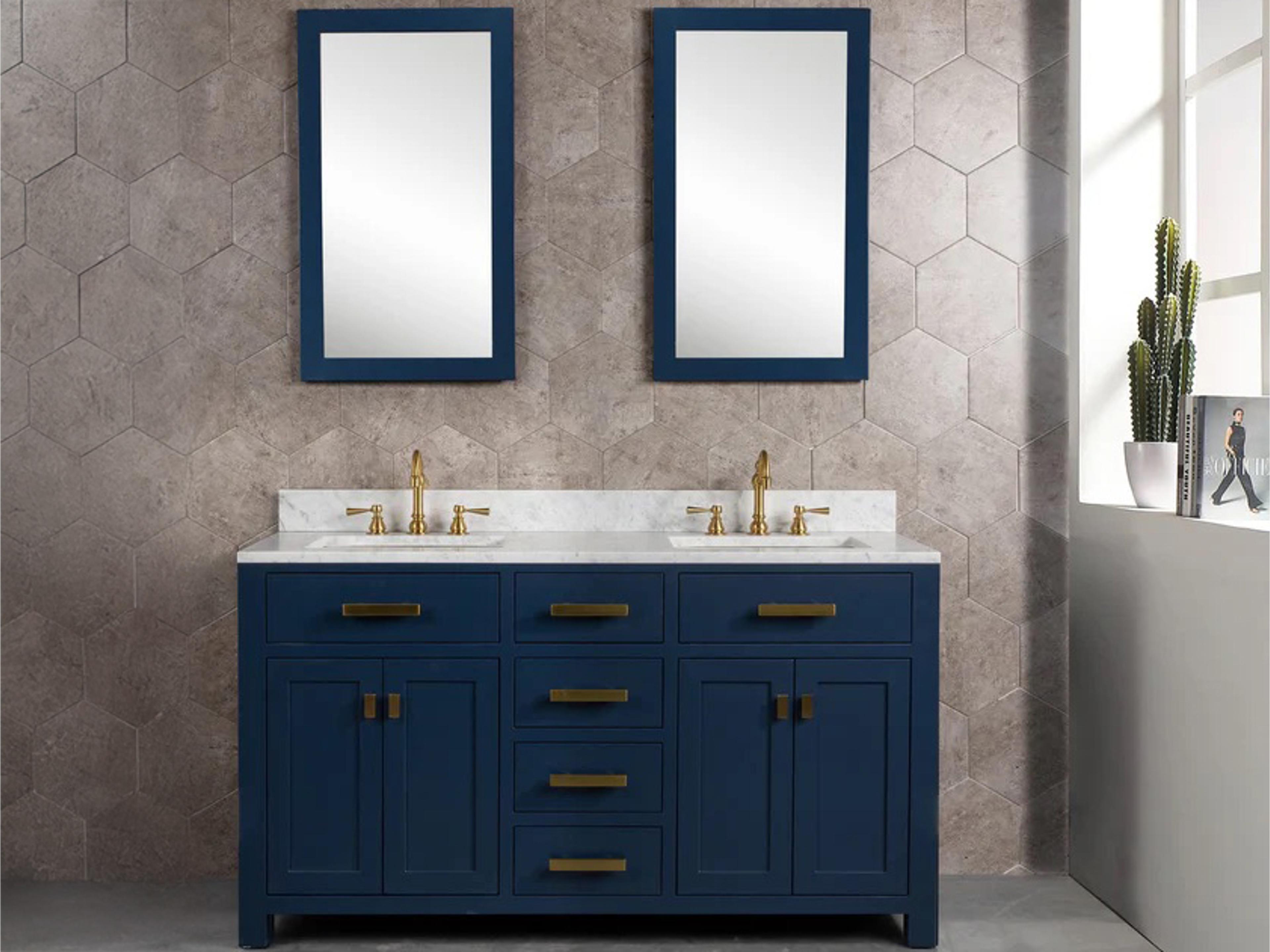 Water Creation Madison Double Sink Carrara White Marble Countertop Bath Vanity In Monarch Blue with Satin Gold Hardware, Hook Faucets and Rectangular Mirrors (S)