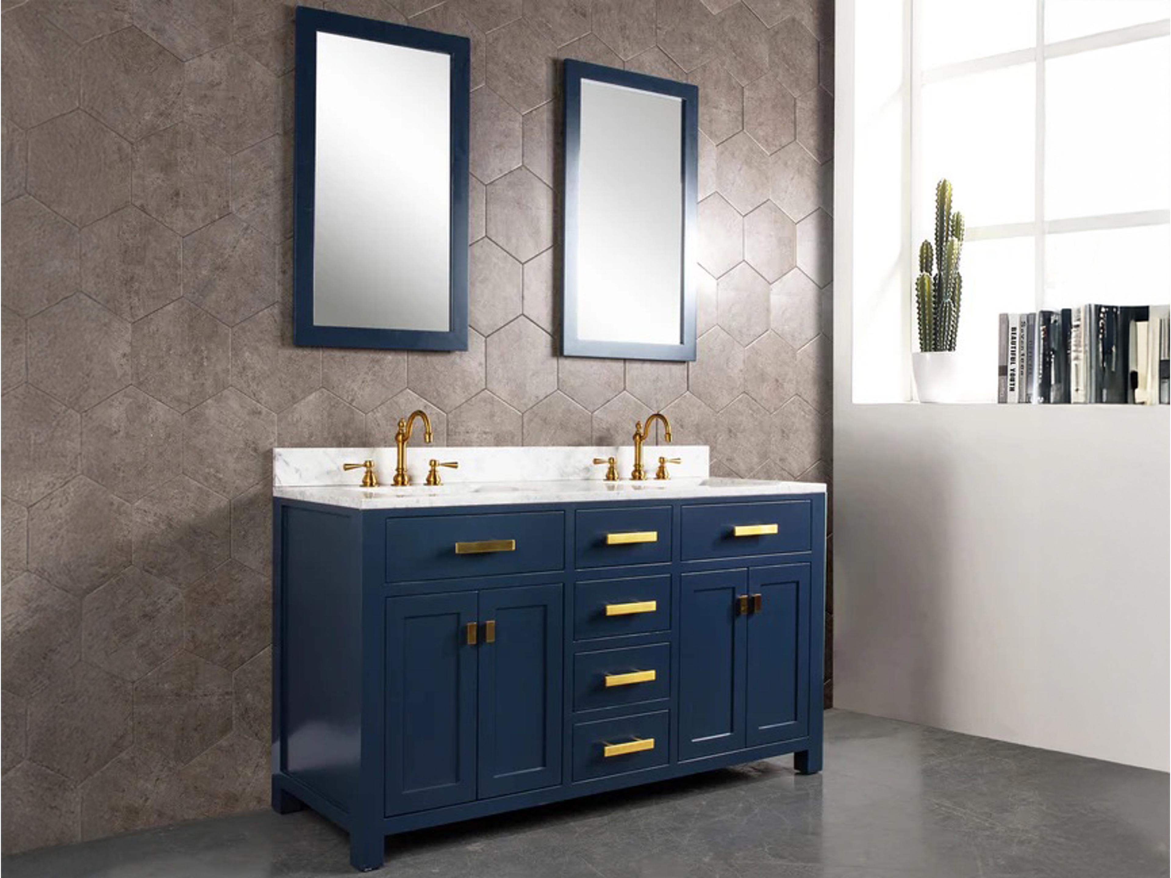 Water Creation Madison Double Sink Carrara White Marble Countertop Bath Vanity In Monarch Blue with Satin Gold Hardware, Hook Faucets and Rectangular Mirrors (S)