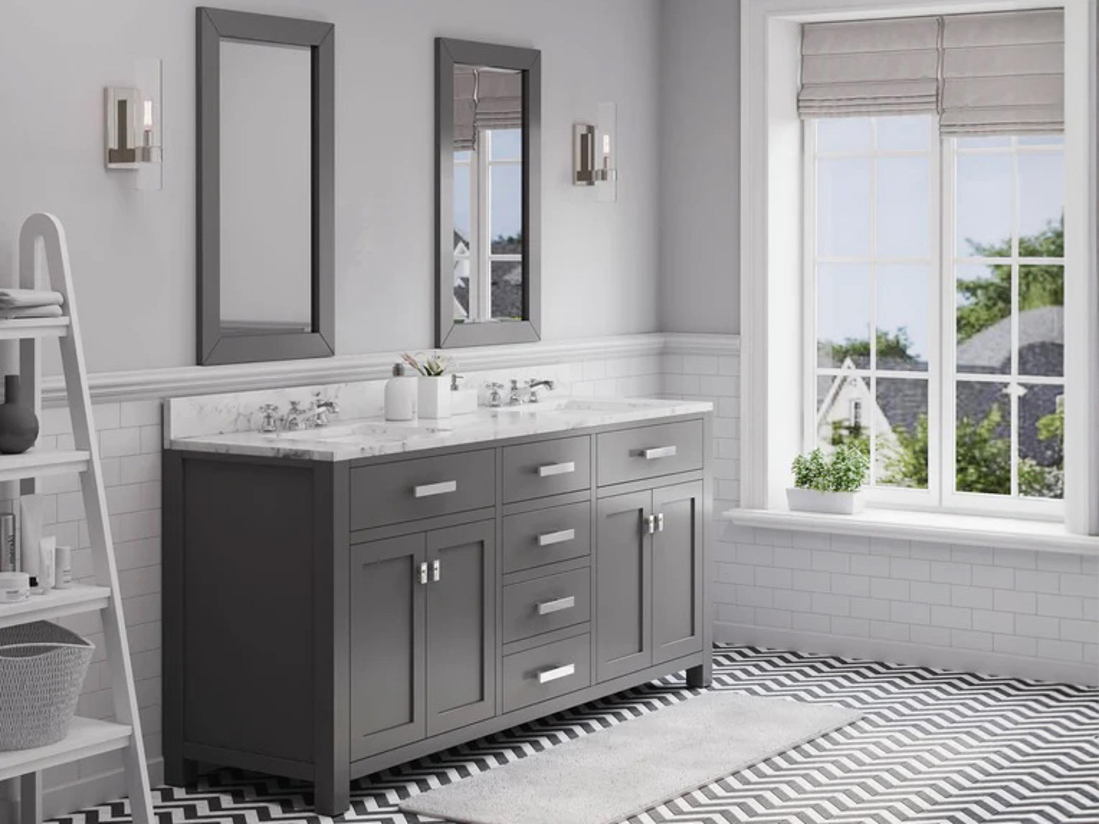 Water Creation Madison Double Sink Carrara White Marble Countertop Bath Vanity in Cashmere Grey