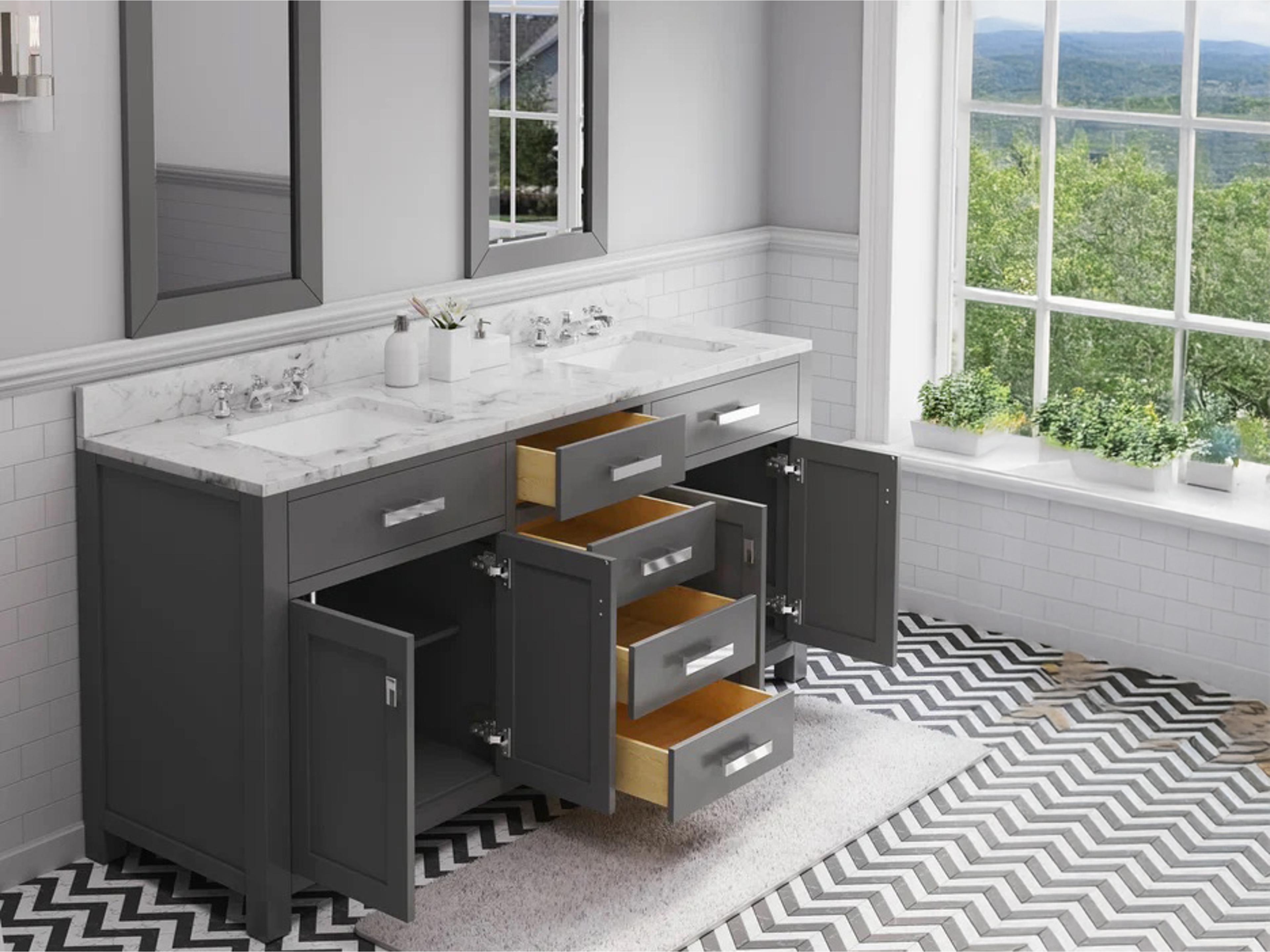 Water Creation Madison Double Sink Carrara White Marble Countertop Bath Vanity in Cashmere Grey