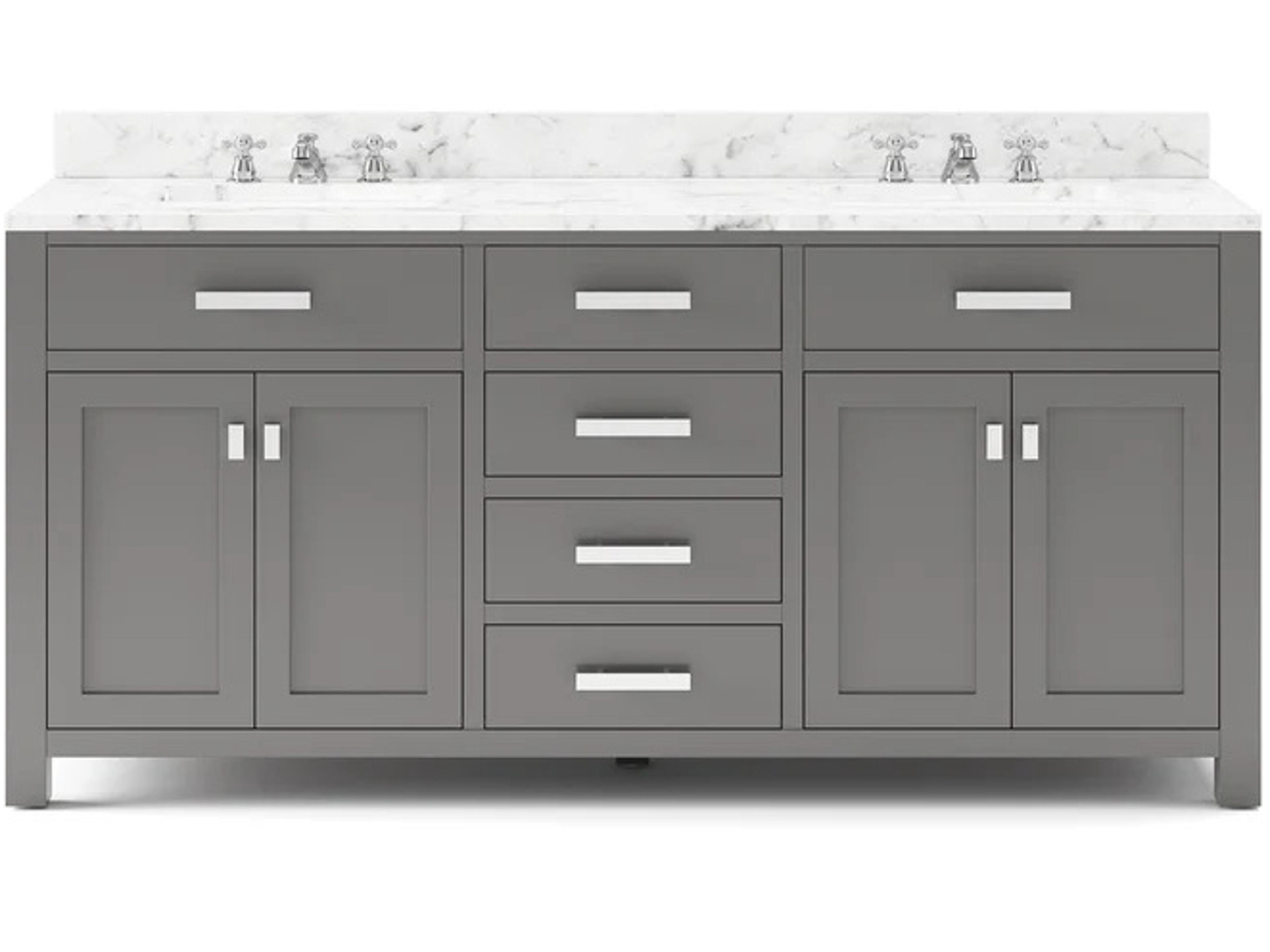 Madison ouble Sink Carrara White Marble Countertop Bath Vanity in Cashmere Grey with Chrome Hardware and Classic Faucets
