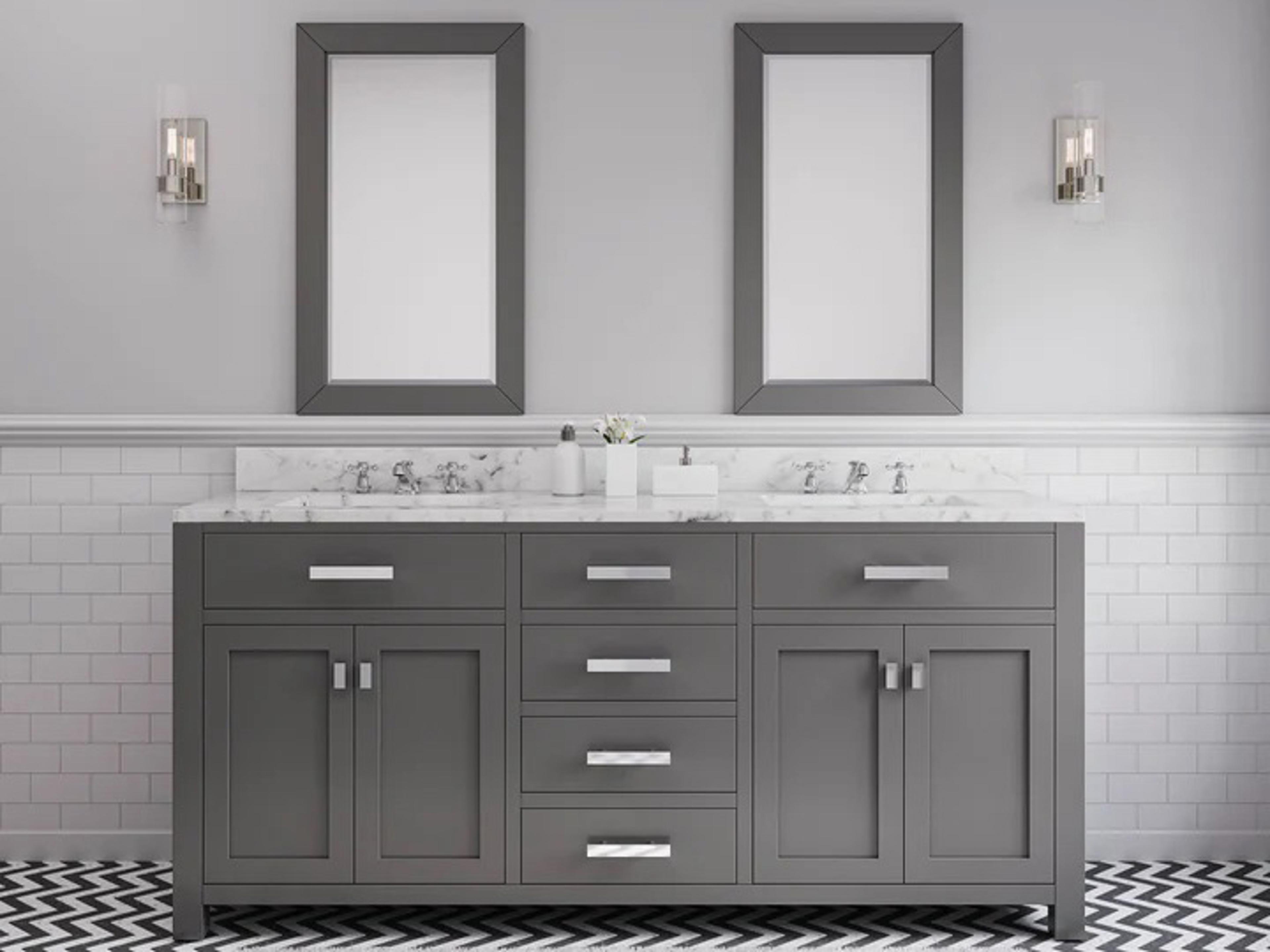 Water Creation Madison ouble Sink Carrara White Marble Countertop Bath Vanity in Cashmere Grey with Chrome Hardware and Classic Faucets