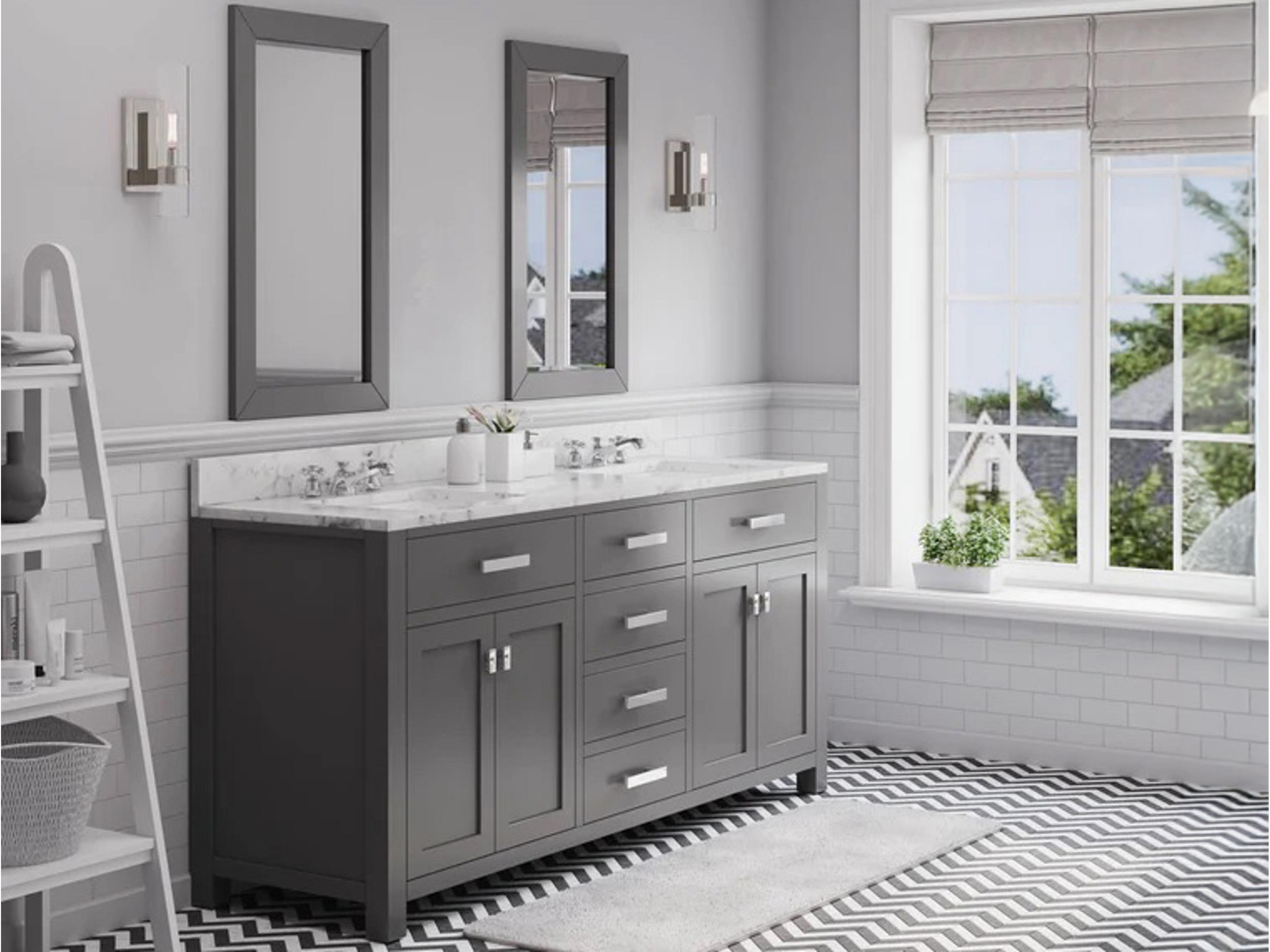 Water Creation Madison ouble Sink Carrara White Marble Countertop Bath Vanity in Cashmere Grey with Chrome Hardware and Classic Faucets