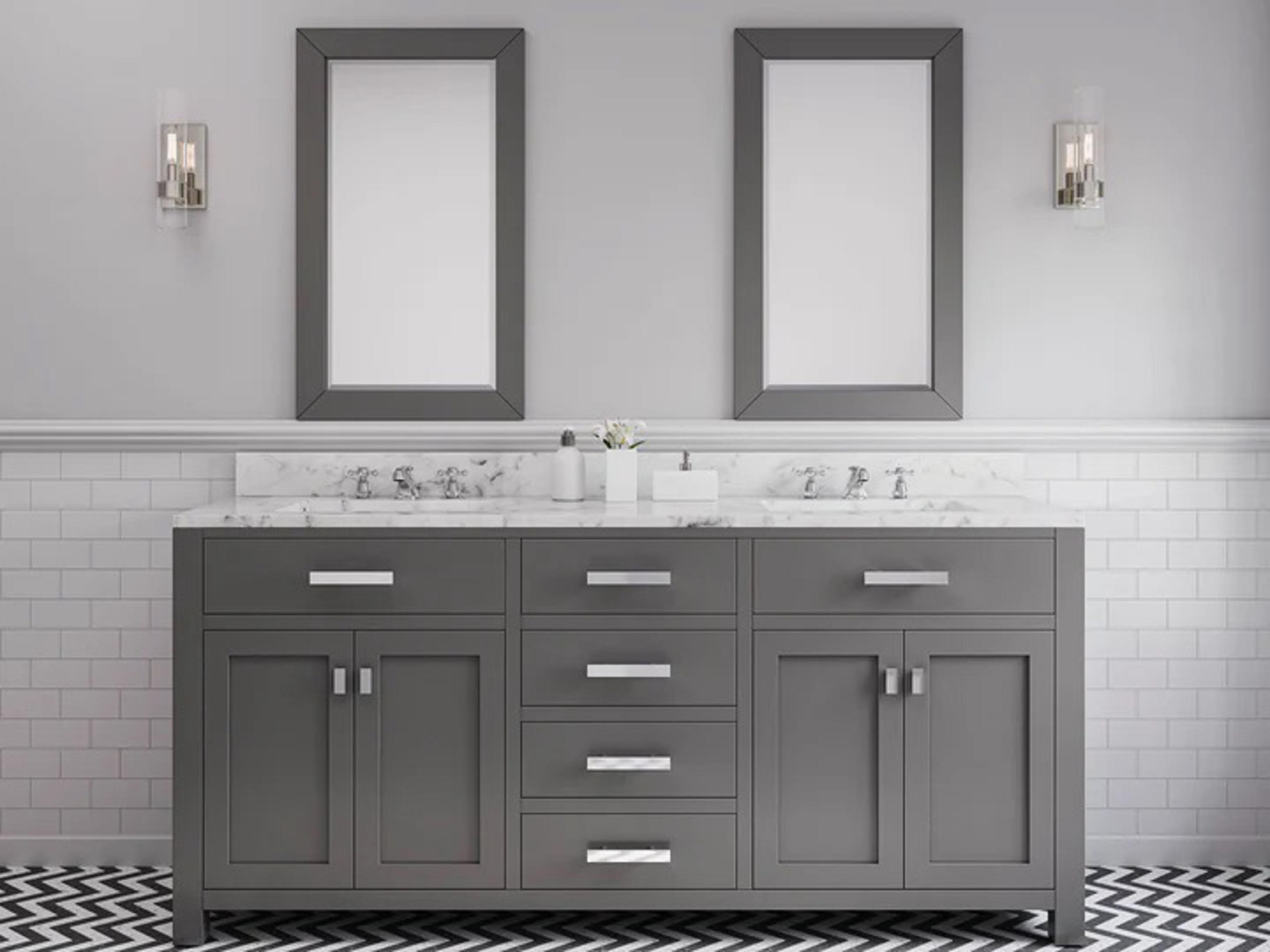 Water Creation Madison Double Sink Carrara White Marble Countertop Bath Vanity in Cashmere Grey with Rectangular Mirrors (S)