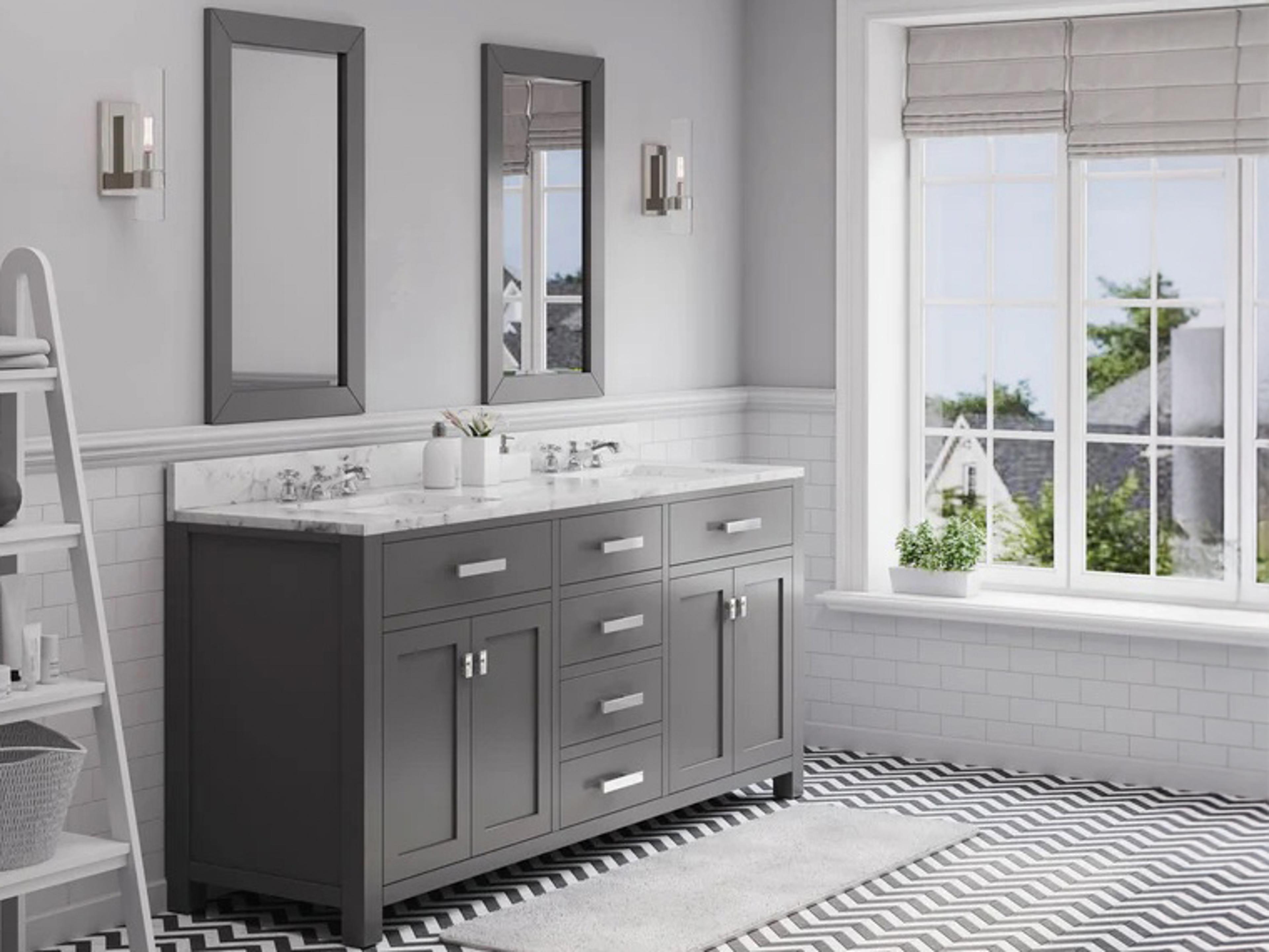 Water Creation Madison Double Sink Carrara White Marble Countertop Bath Vanity in Cashmere Grey with Rectangular Mirrors (S)