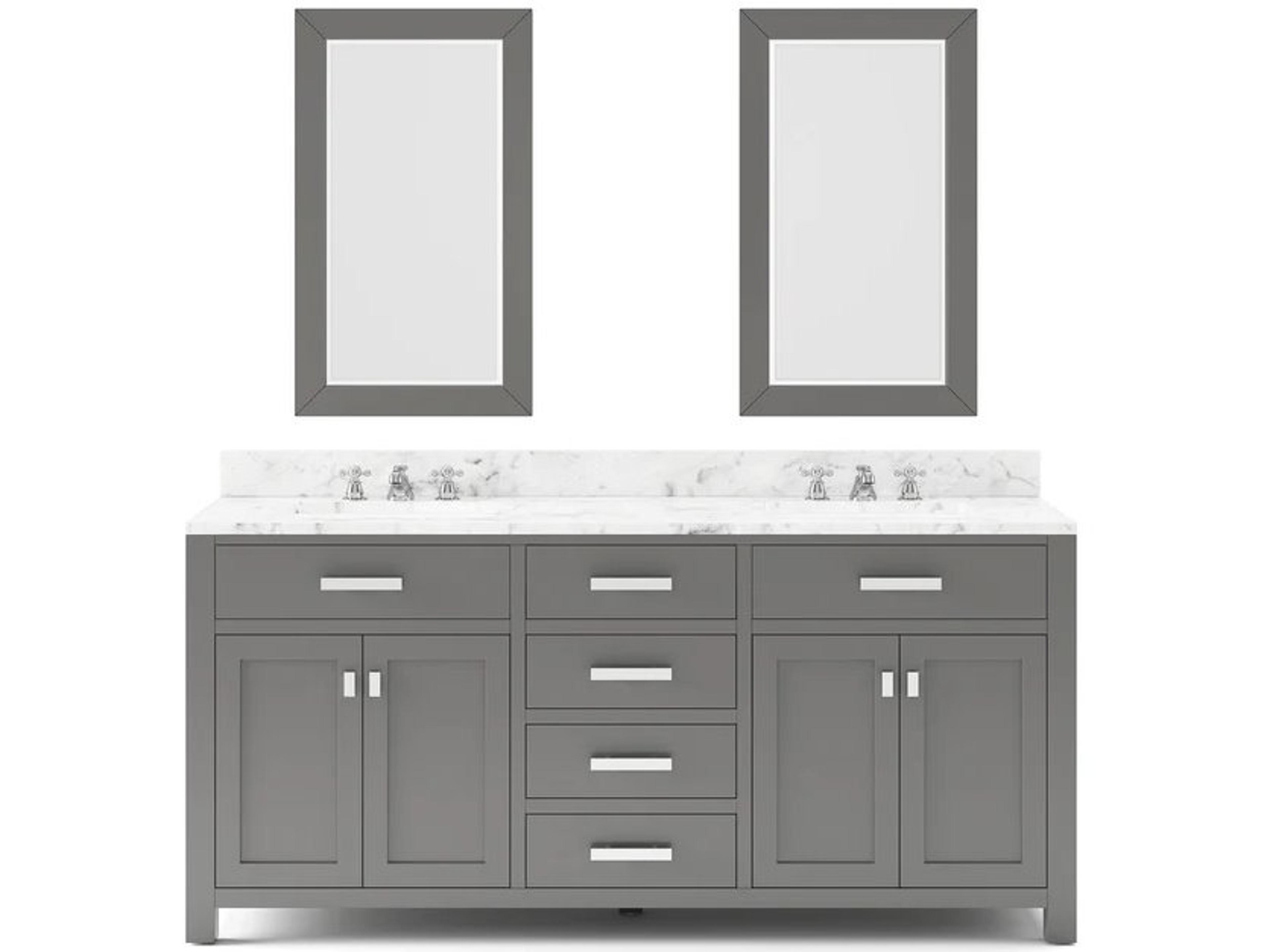 Madison Double Sink Carrara White Marble Countertop Bath Vanity in Cashmere Grey with Chrome Hardware, Classic Faucets and Rectangular Mirrors (S)