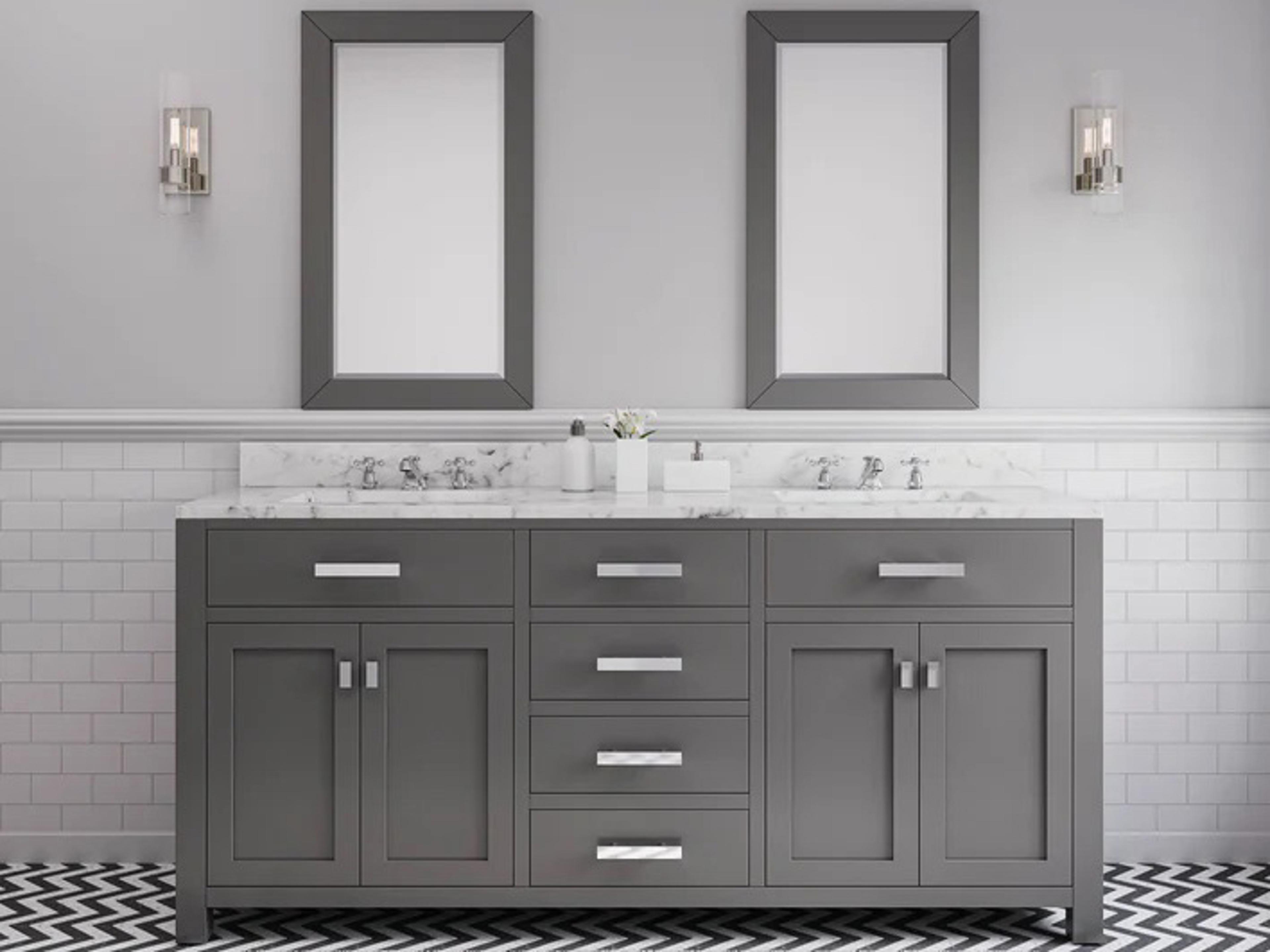 Water Creation Madison Double Sink Carrara White Marble Countertop Bath Vanity in Cashmere Grey with Chrome Hardware, Classic Faucets and Rectangular Mirrors (S)