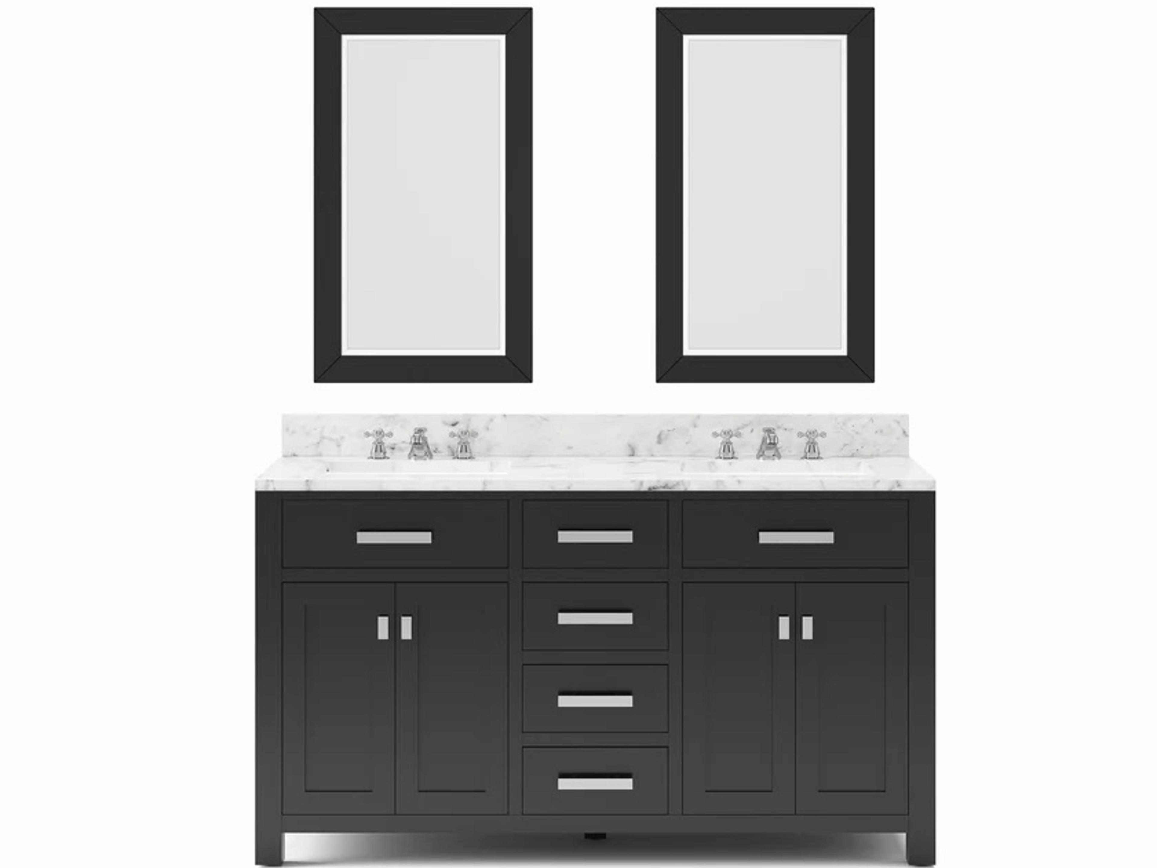 Madison Double Sink Carrara White Marble Countertop Bath Vanity in Espresso with Chrome Hardware, Classic Faucets and Rectangular Mirrors (S)