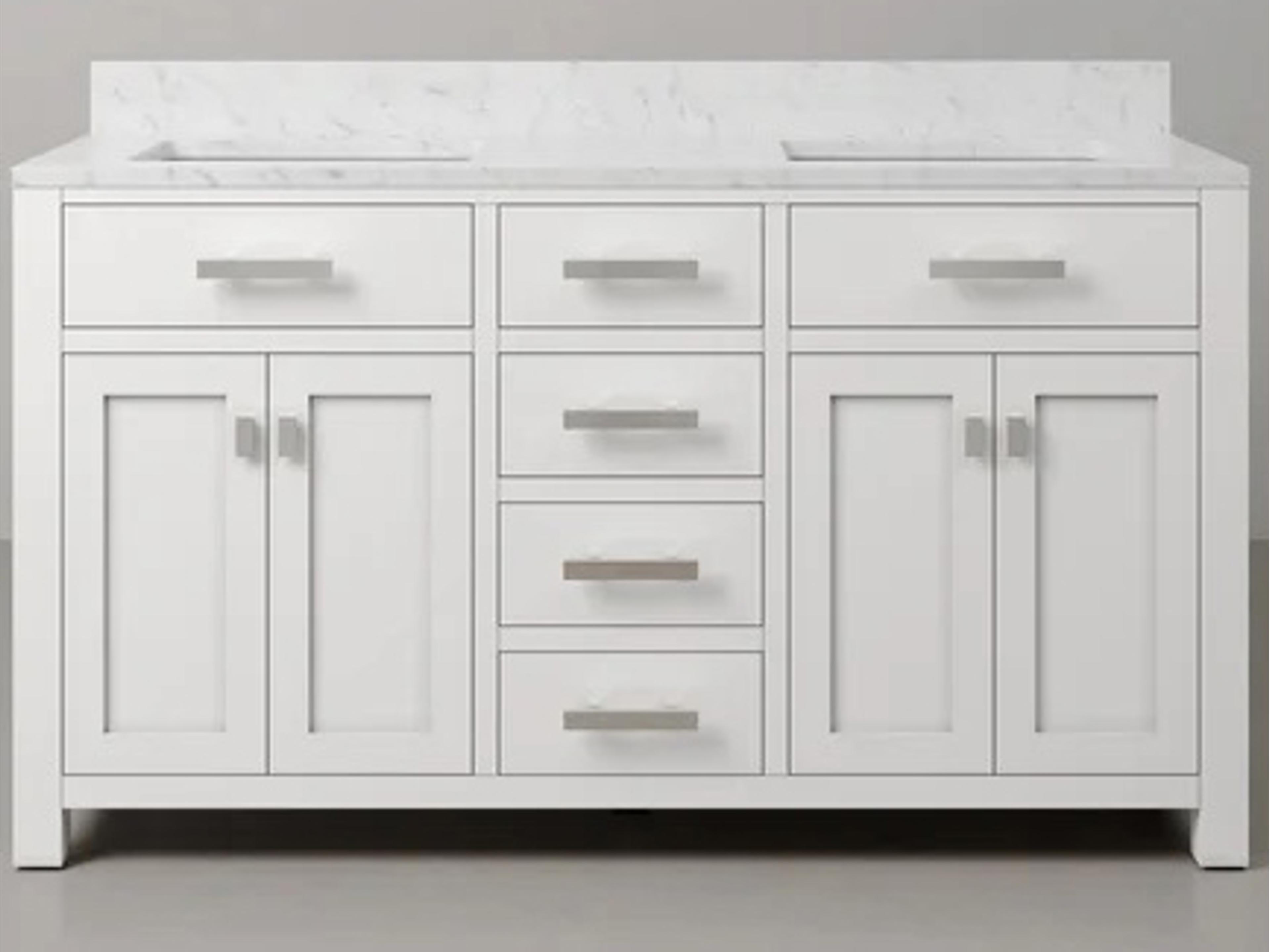 Madison Double Sink Carrara White Marble Countertop Bath Vanity in Pure White