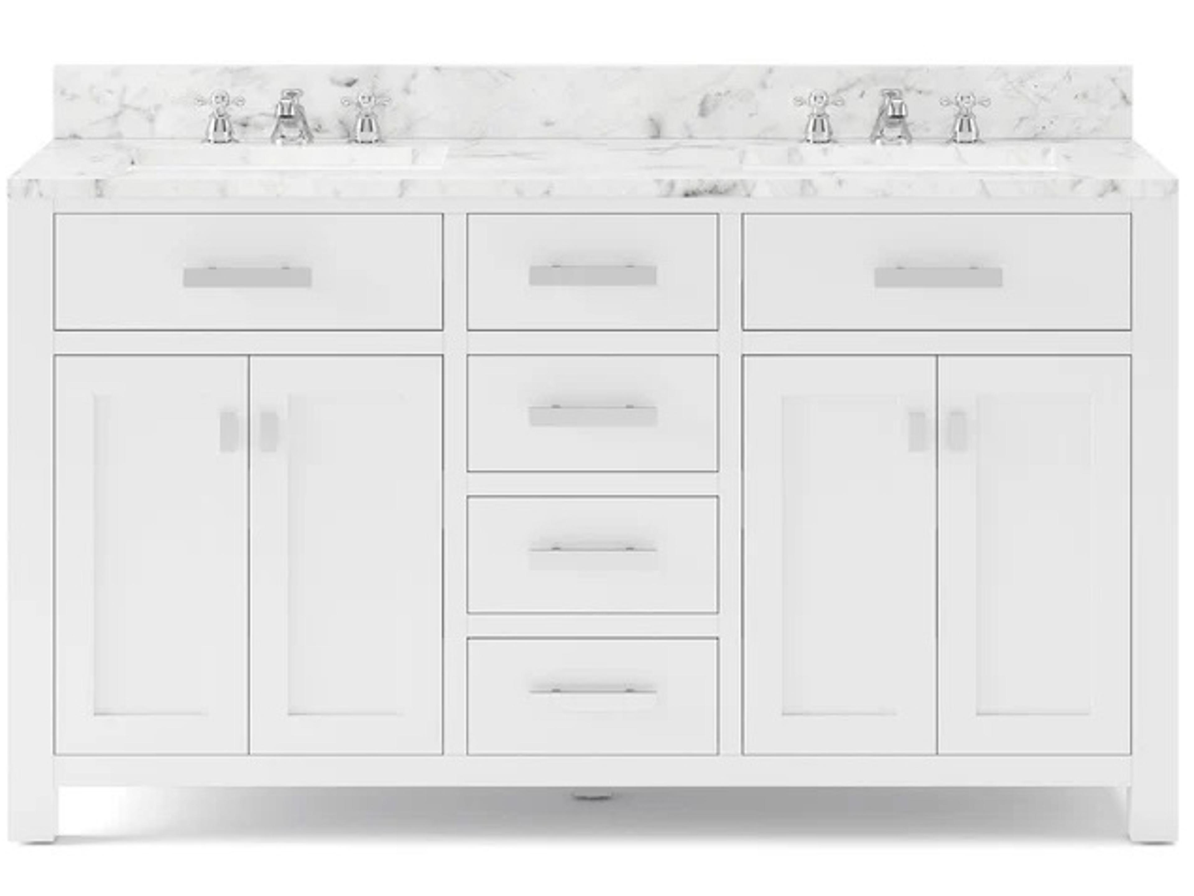 Madison Double Sink Carrara White Marble Countertop Bath Vanity in Pure White with Chrome Hardware and Classic Faucets