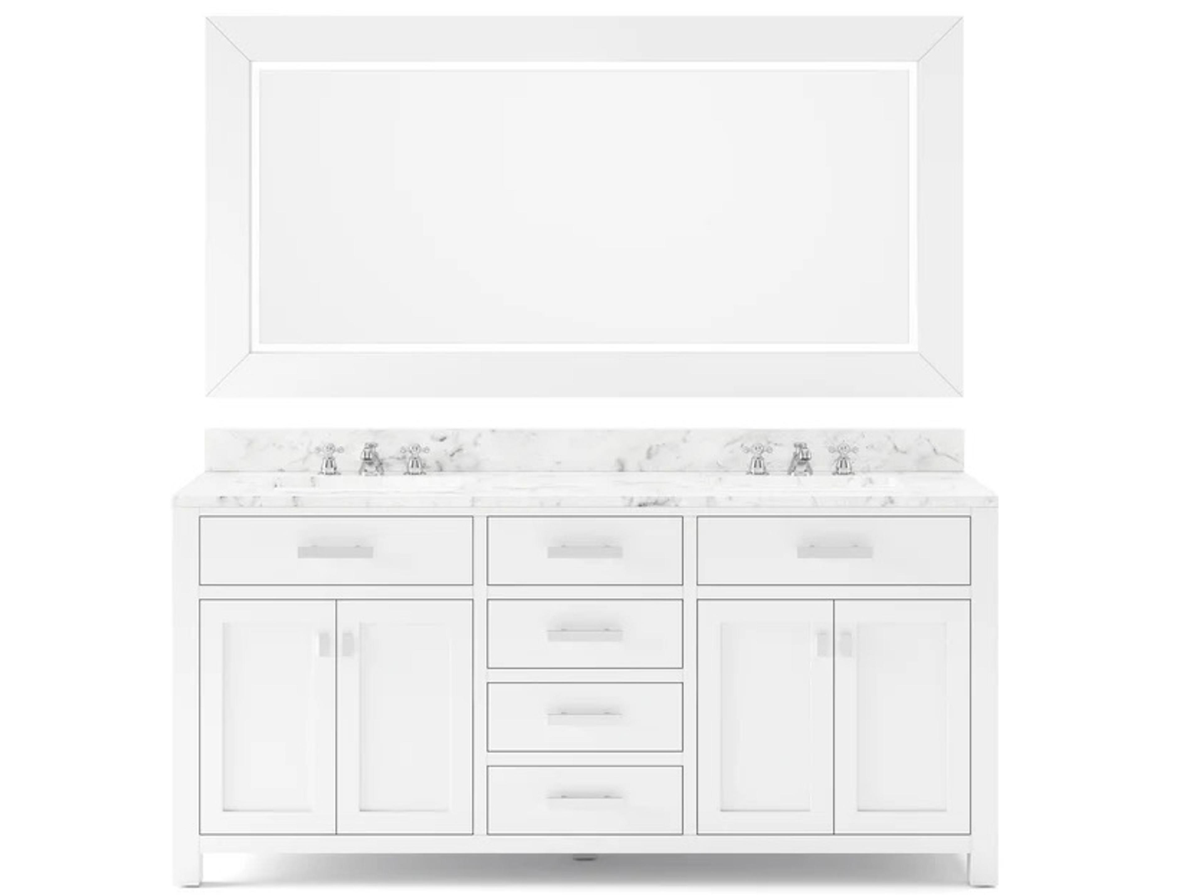 Madison Double Sink Carrara White Marble Countertop Bath Vanity in Pure White with Chrome Hardware, Classic Faucets and Rectangular Mirror (L)