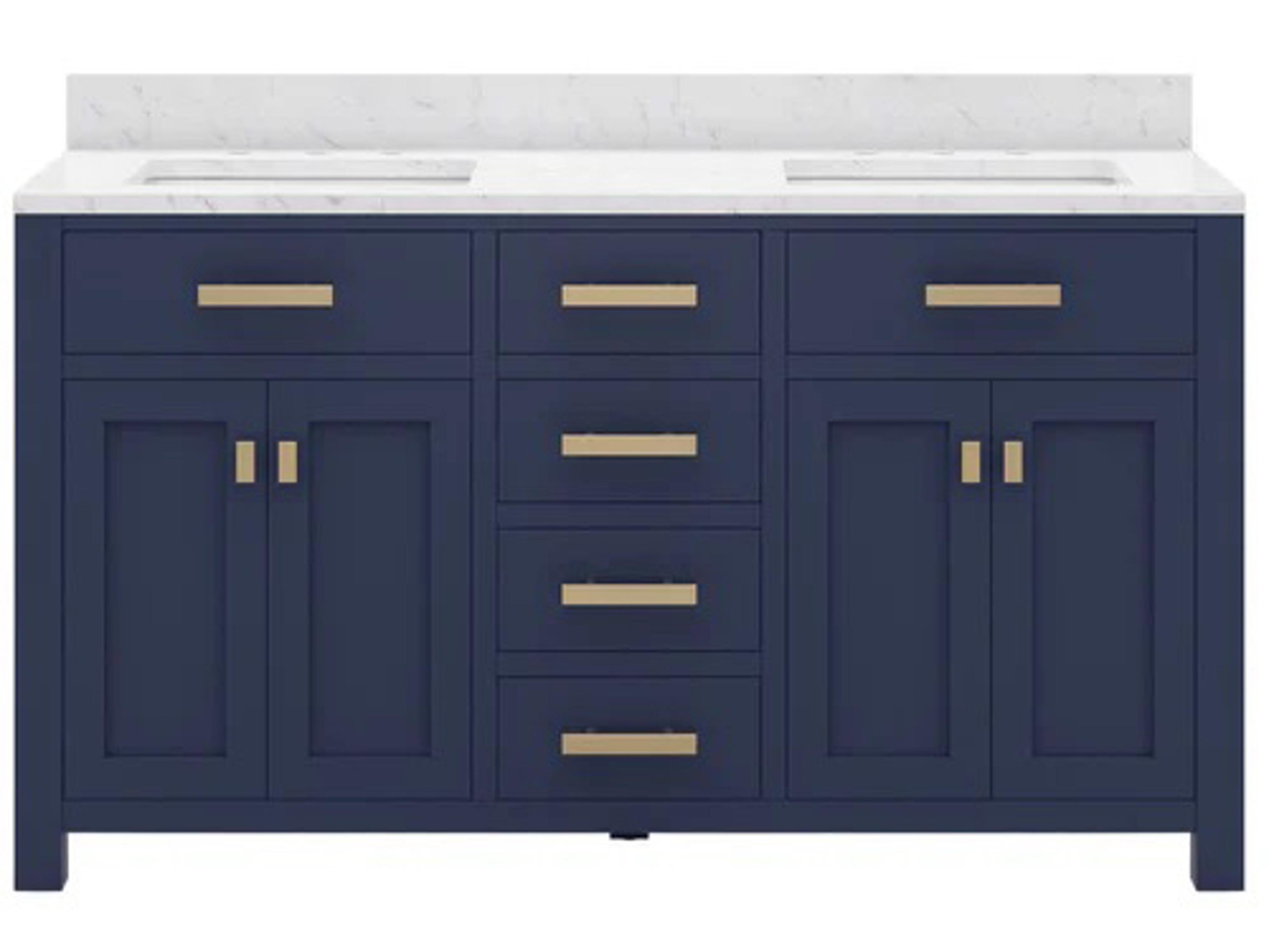 Madison Double Sink Carrara White Marble Countertop Bath Vanity In Monarch Blue with Satin Gold Hardware
