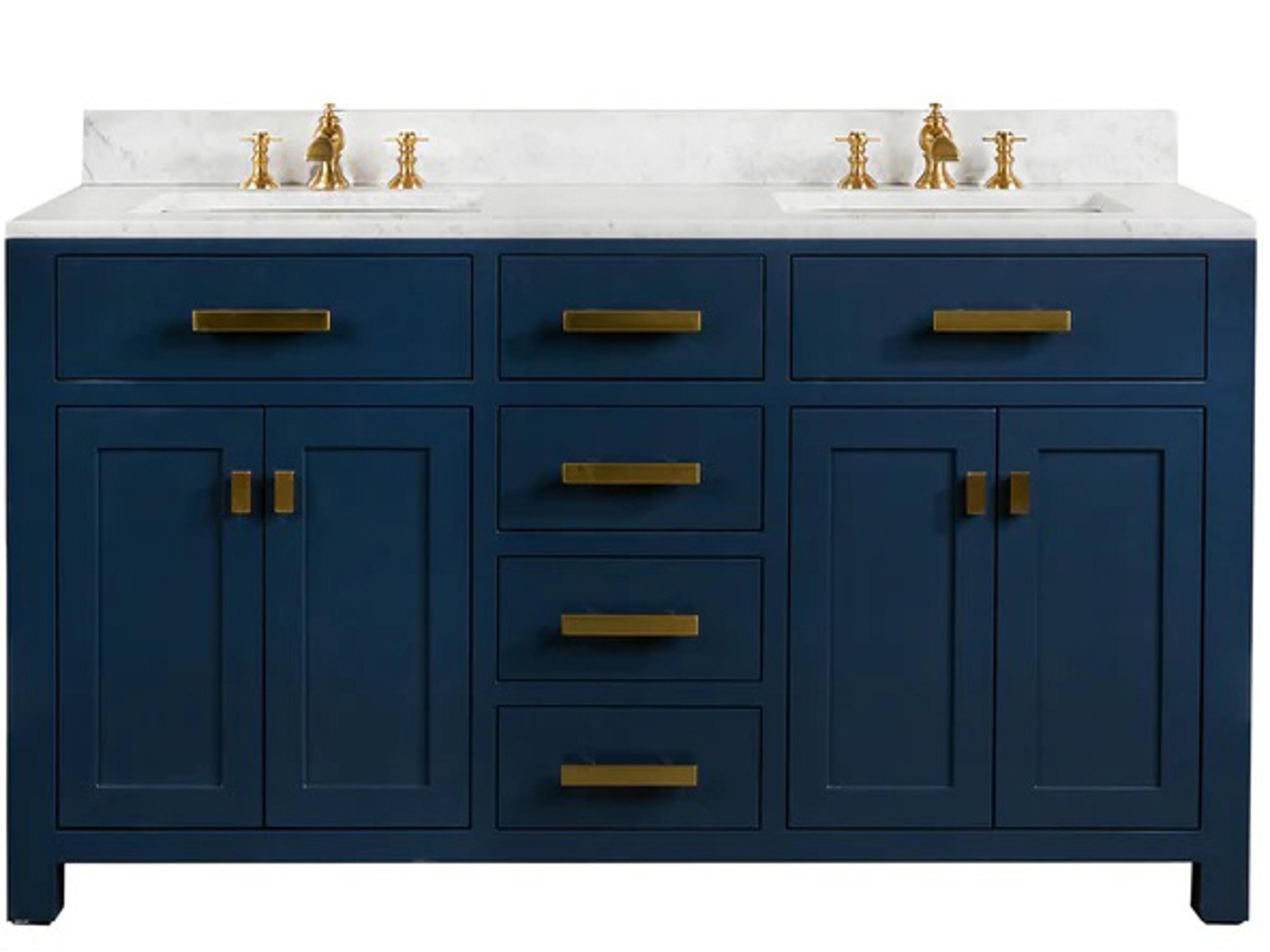 Madison Double Sink Carrara White Marble Countertop Bath Vanity In Monarch Blue with Satin Gold Hardware and Waterfall Faucets