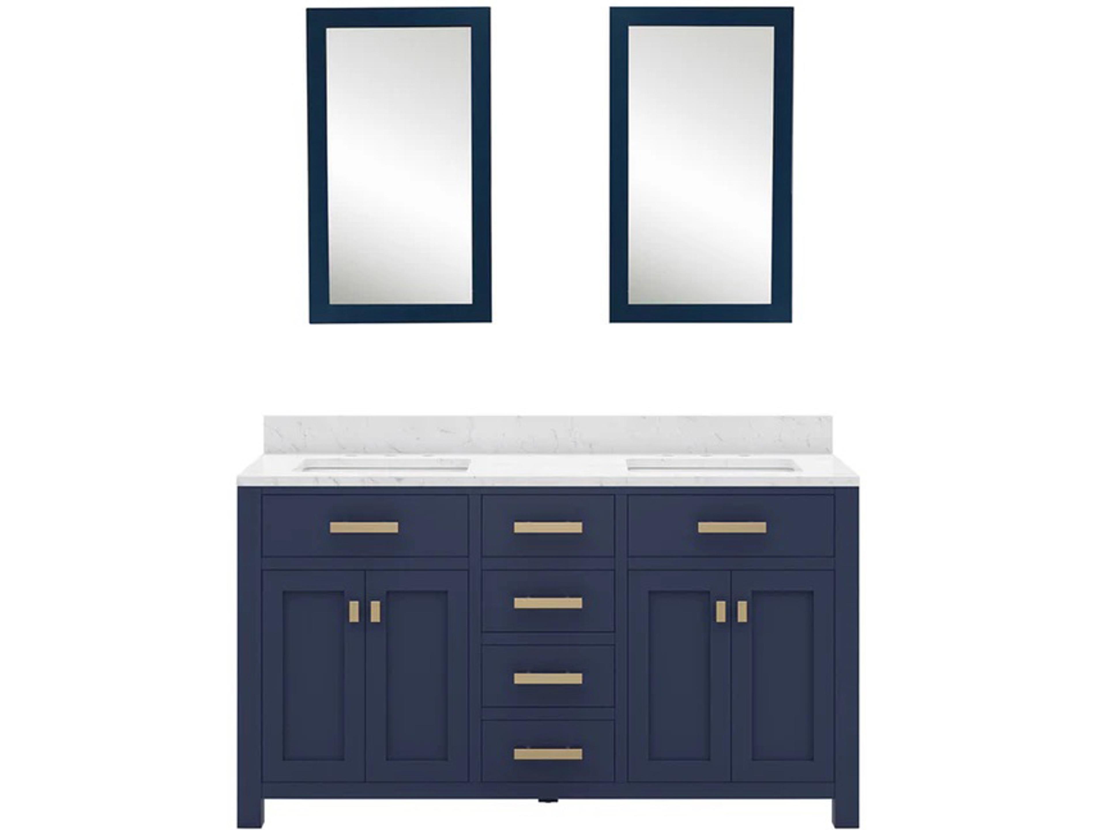 Madison Double Sink Carrara White Marble Countertop Bath Vanity In Monarch Blue with Satin Gold Hardware and Rectangular Mirrors (S)