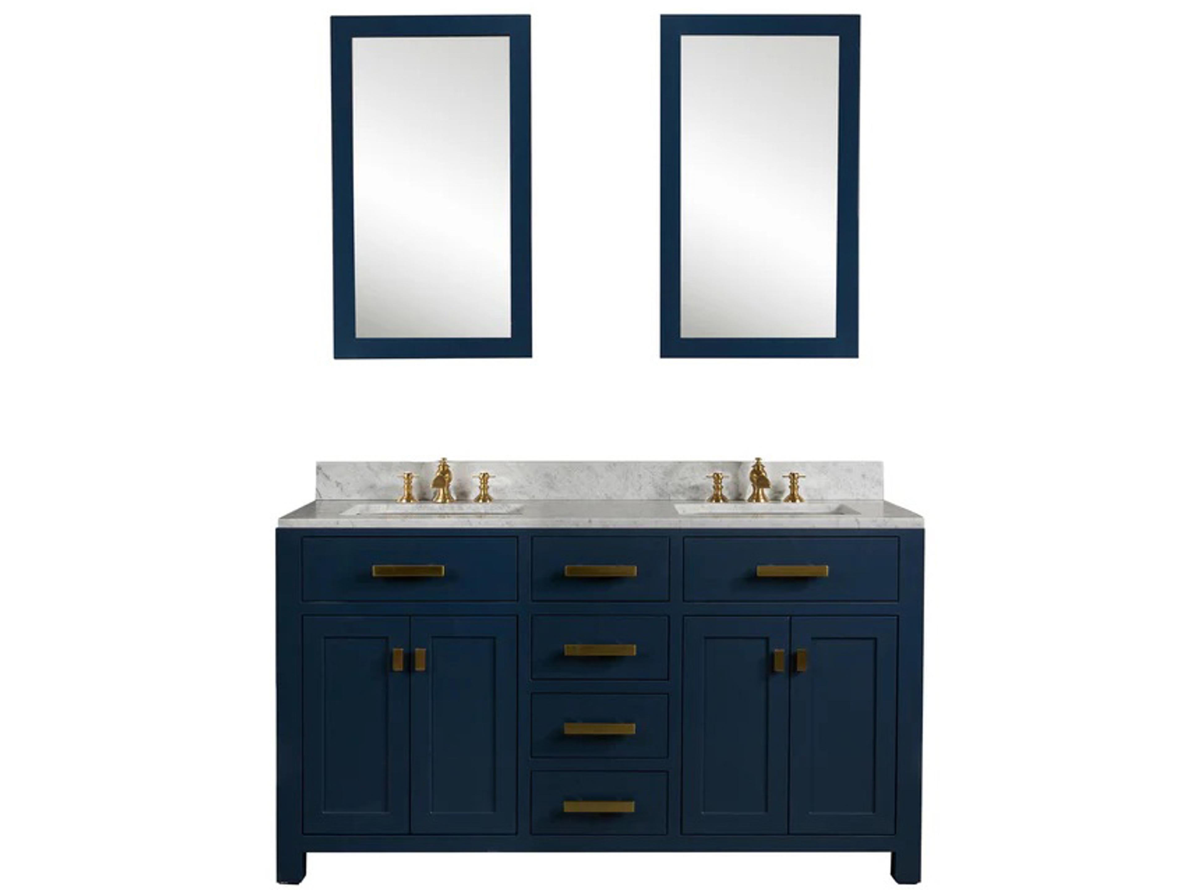 Madison Double Sink Carrara White Marble Countertop Bath Vanity In Monarch Blue with Satin Gold Hardware, Waterfall Faucets and Rectangular Mirrors (S)