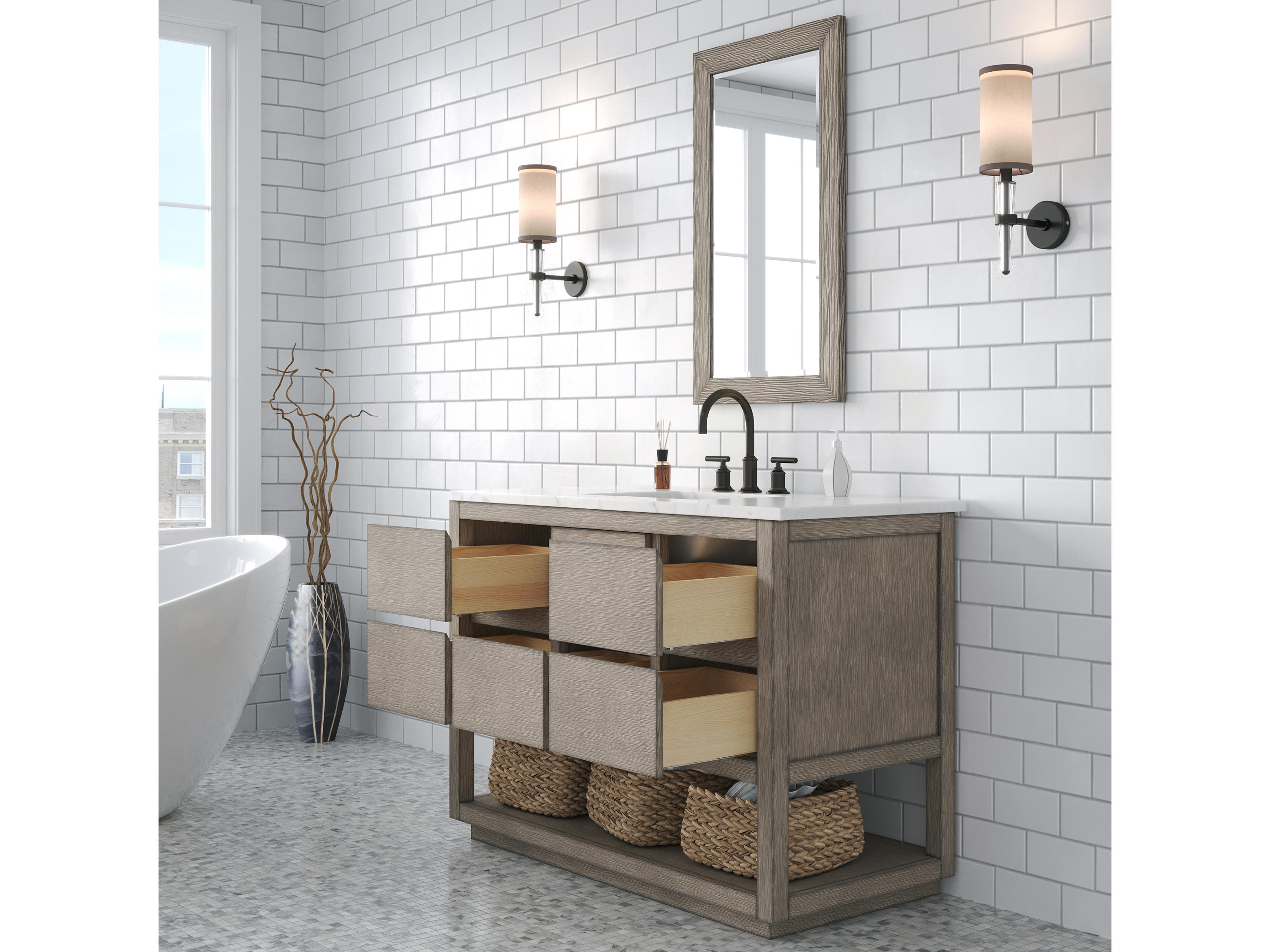 Water Creation Oakman Single Sink Carrara White Marble Countertop Bath Vanity in Grey Oak