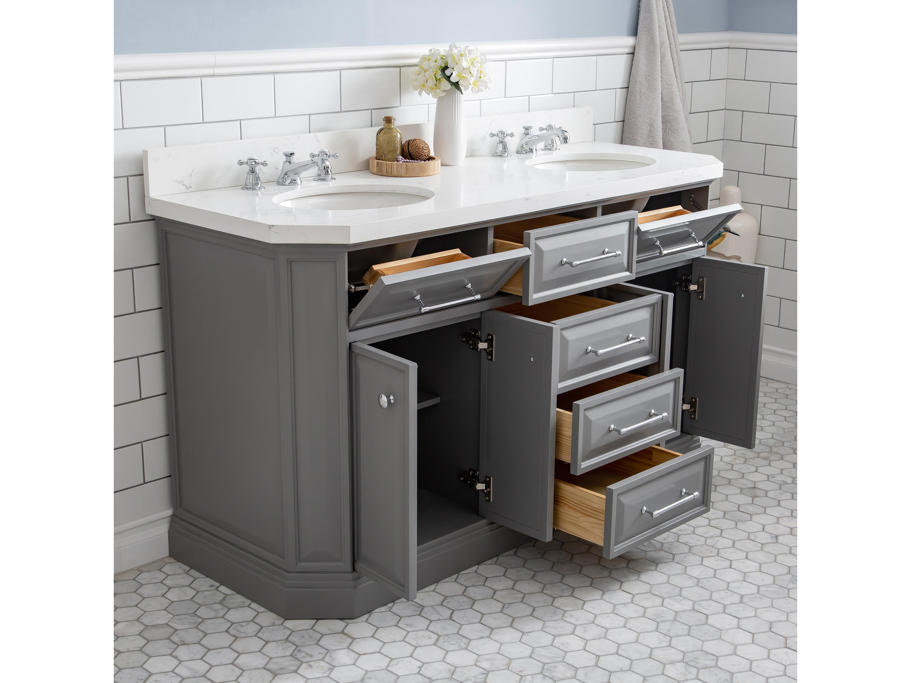 Water Creation Palace Double Sink Carrara Quartz Countertop Bath Vanity in Cashmere Grey with Chrome Hardware