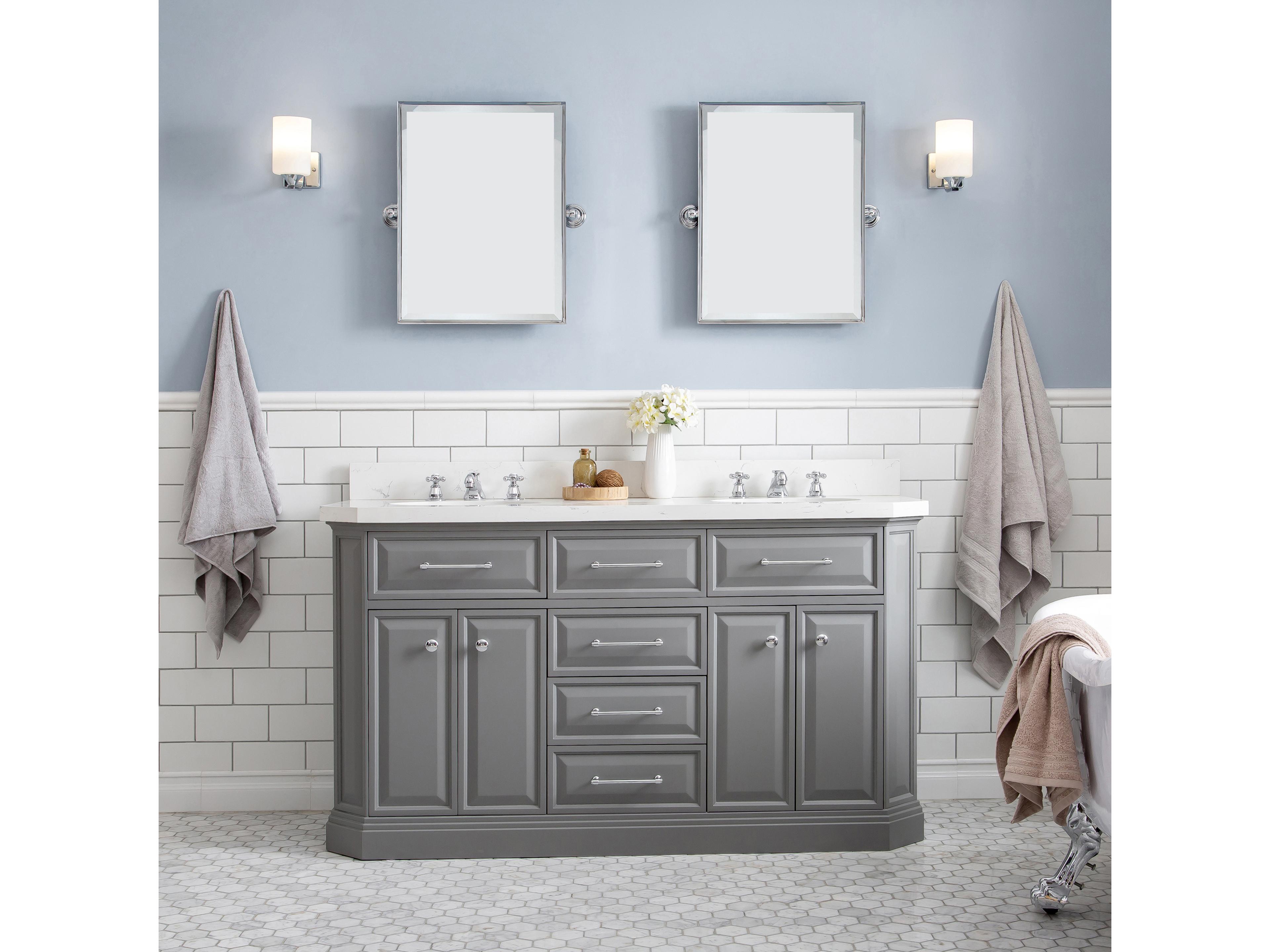 Water Creation Palace Double Sink Carrara Quartz Countertop Bath Vanity in Cashmere Grey with Chrome Hardware and Classic Faucets