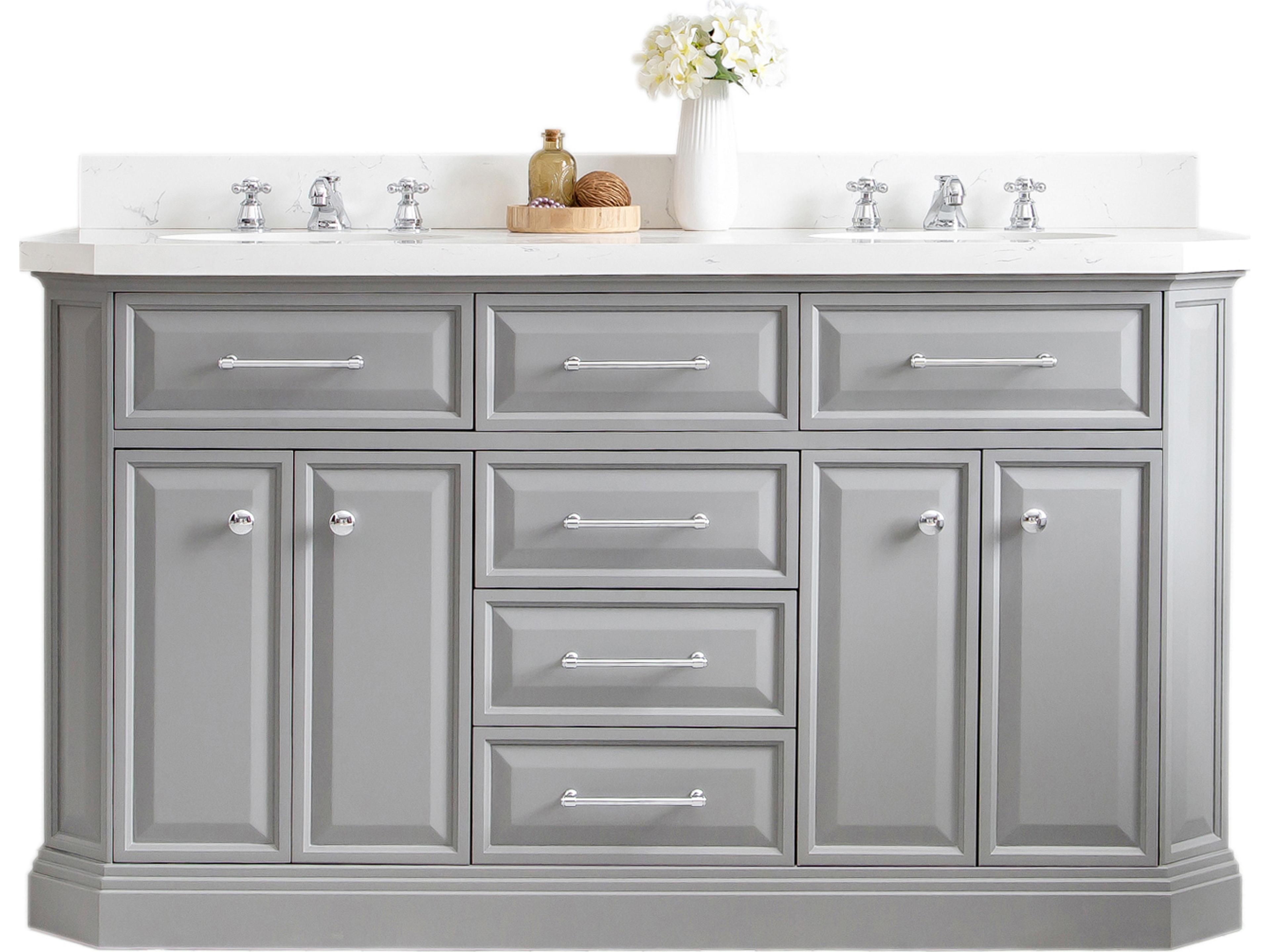 Palace Double Sink Carrara Quartz Countertop Bath Vanity in Cashmere Grey with Chrome Hardware and Classic Faucets