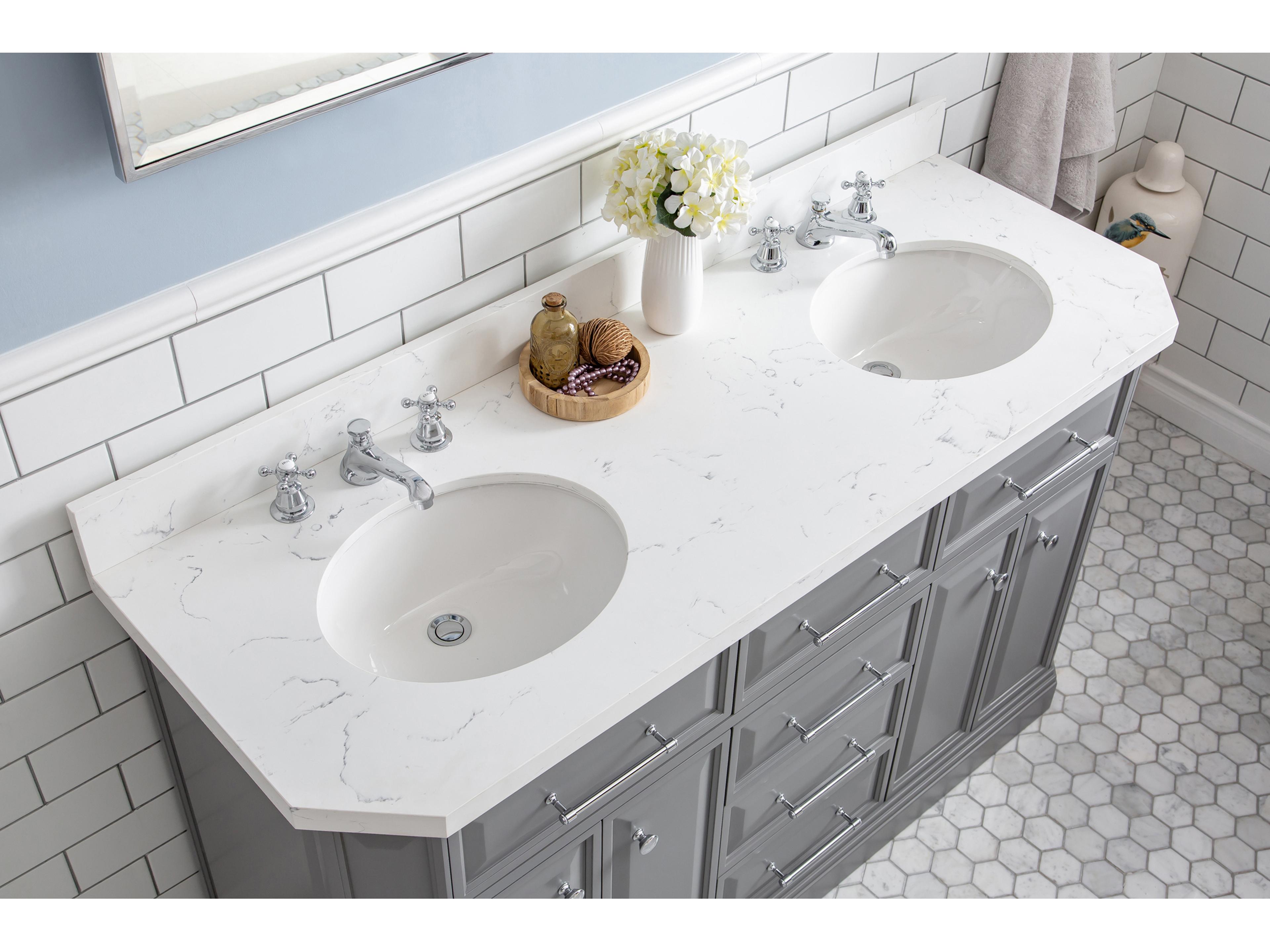 Water Creation Palace Double Sink Carrara Quartz Countertop Bath Vanity in Cashmere Grey with Chrome Hardware and Classic Faucets
