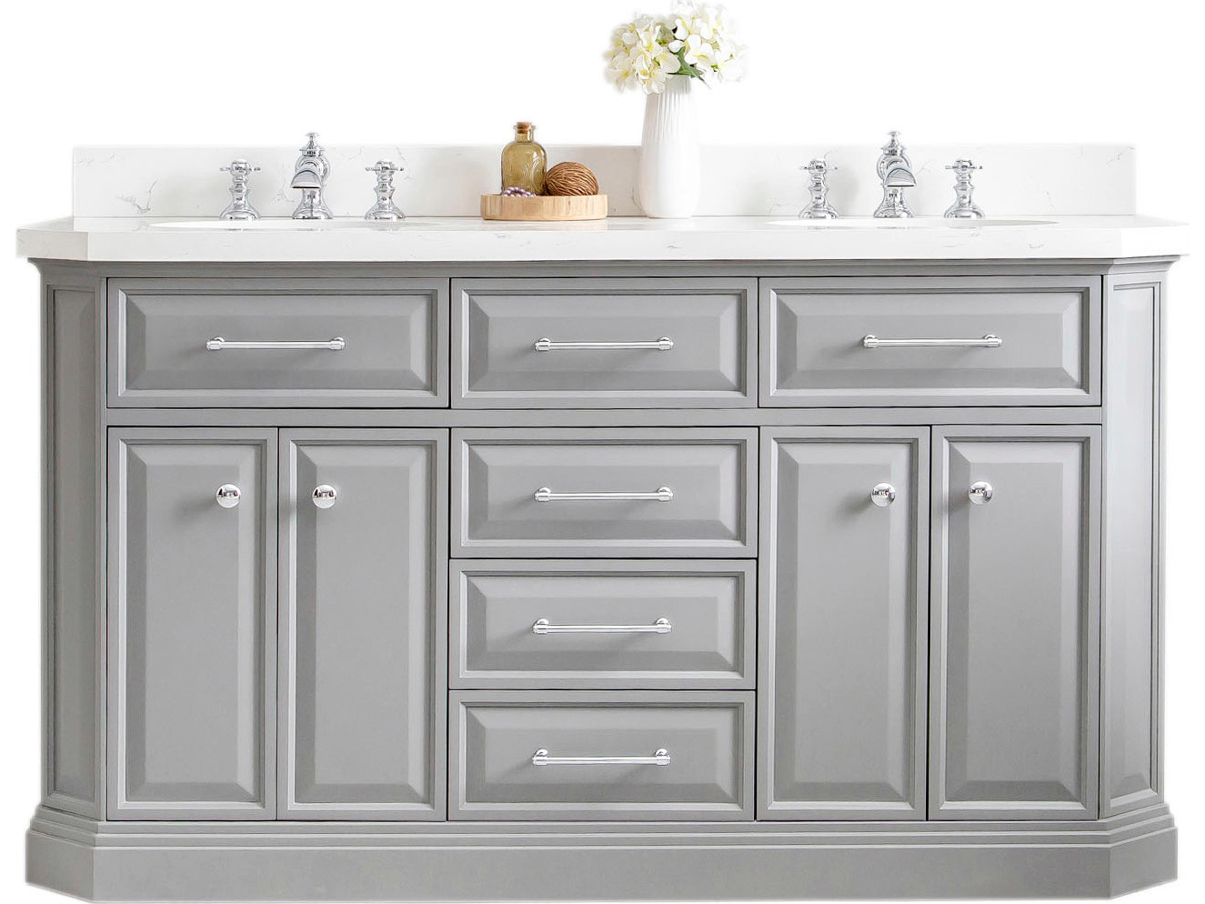 Palace Double Sink Carrara Quartz Countertop Bath Vanity in Cashmere Grey with Chrome Hardware and Waterfall Faucets