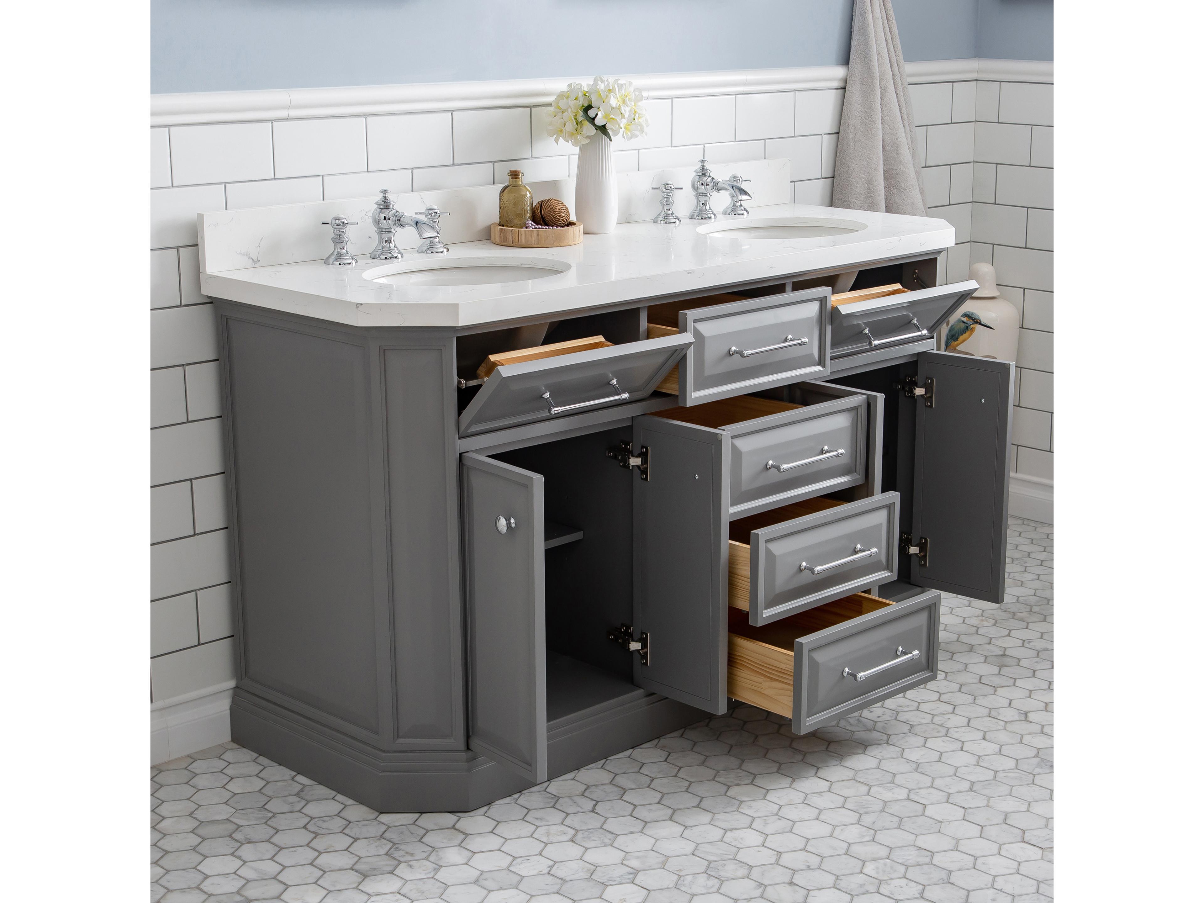 Water Creation Palace Double Sink Carrara Quartz Countertop Bath Vanity in Cashmere Grey with Chrome Hardware and Waterfall Faucets