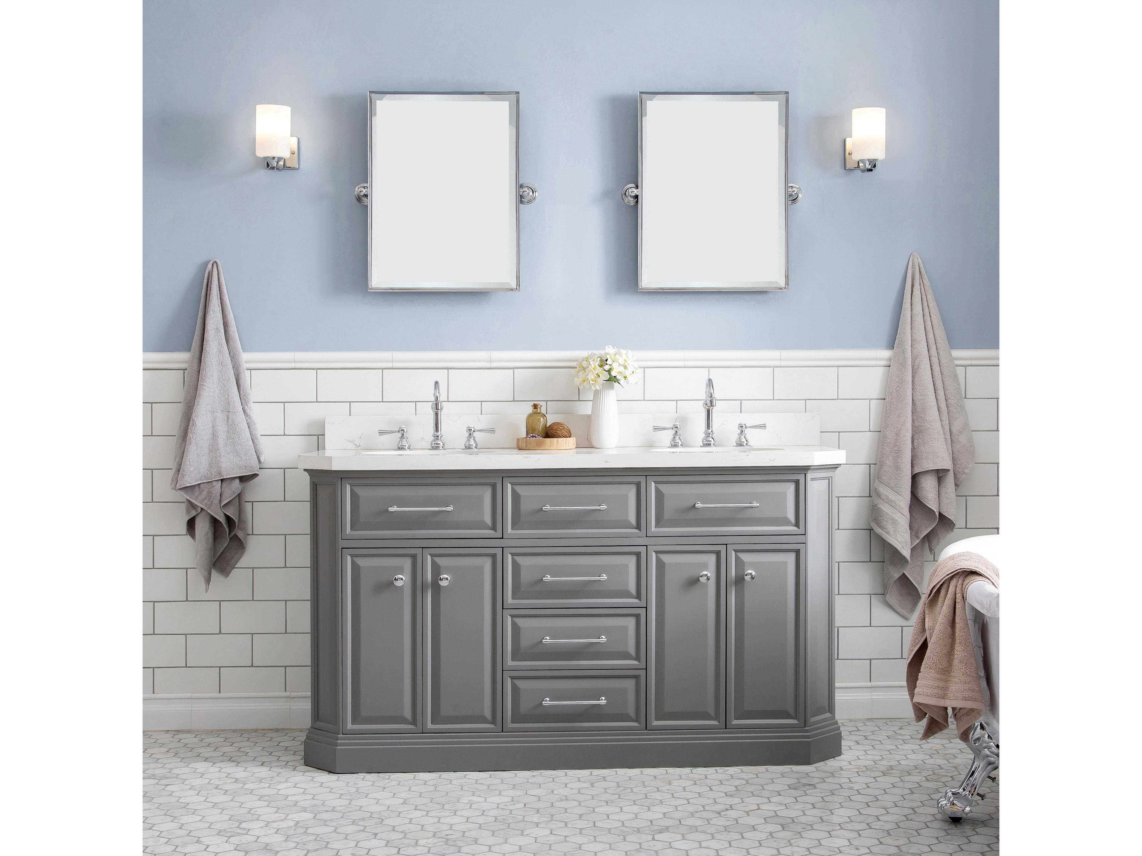 Water Creation Palace Double Sink Carrara Quartz Countertop Bath Vanity in Cashmere Grey with Chrome Hardware and Hook Faucets