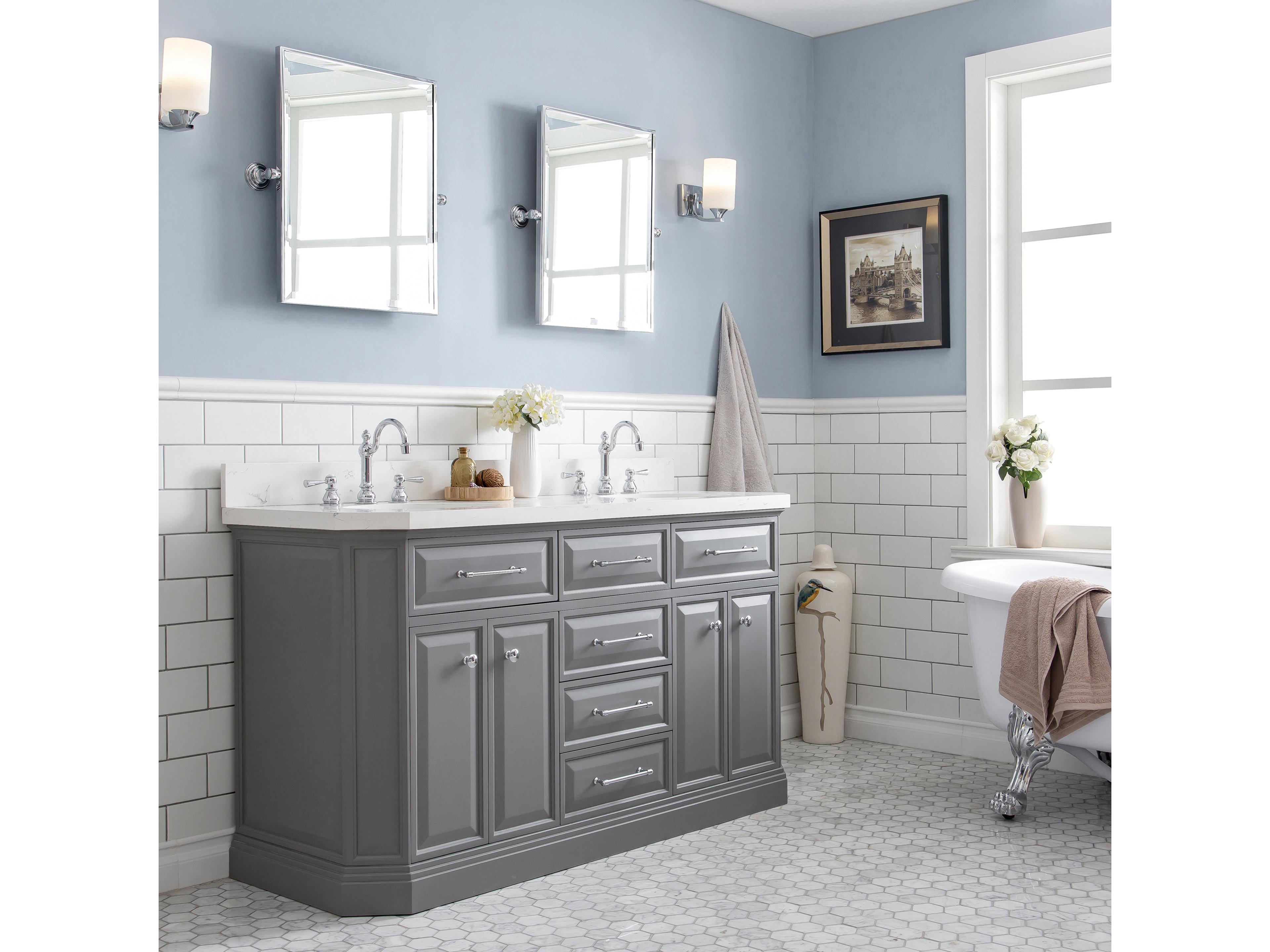 Water Creation Palace Double Sink Carrara Quartz Countertop Bath Vanity in Cashmere Grey with Chrome Hardware and Hook Faucets