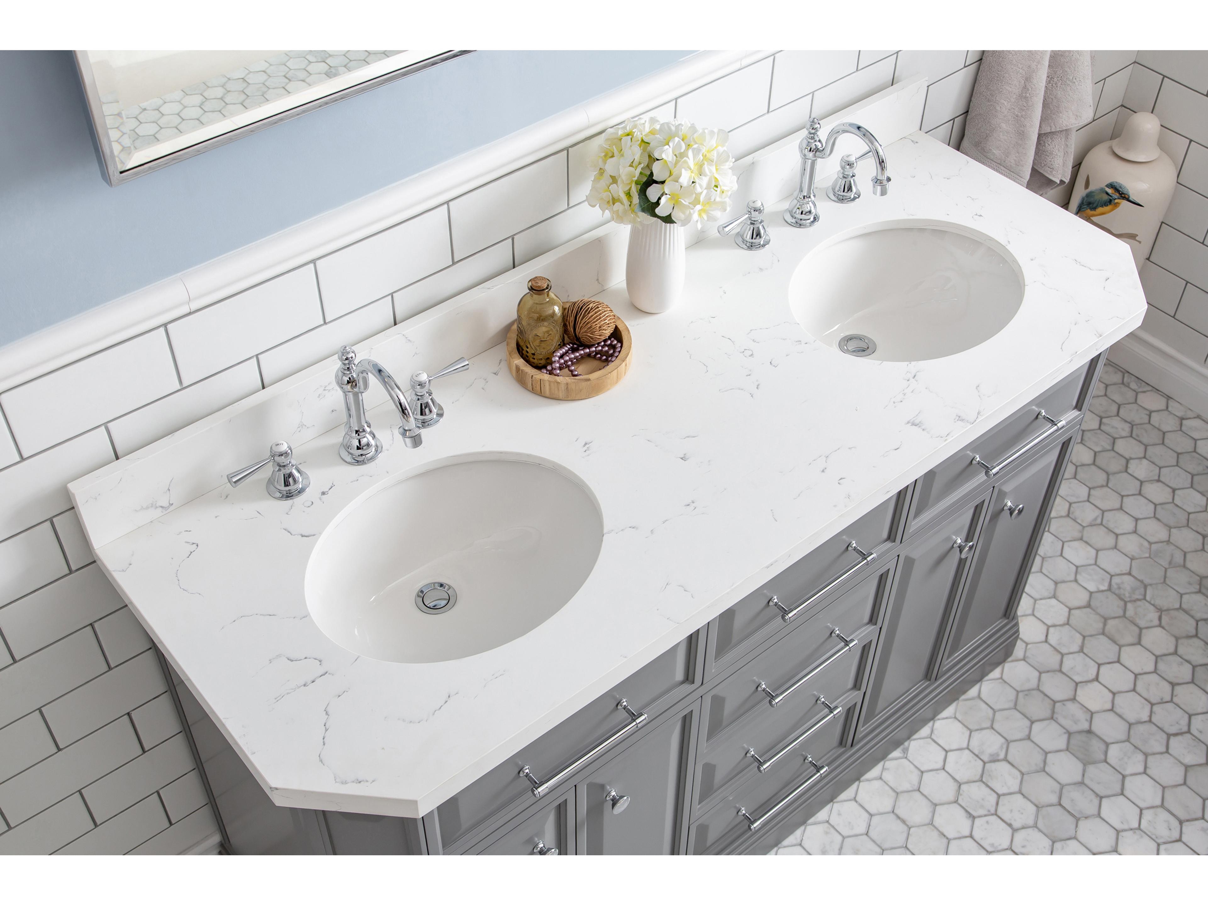 Water Creation Palace Double Sink Carrara Quartz Countertop Bath Vanity in Cashmere Grey with Chrome Hardware and Hook Faucets