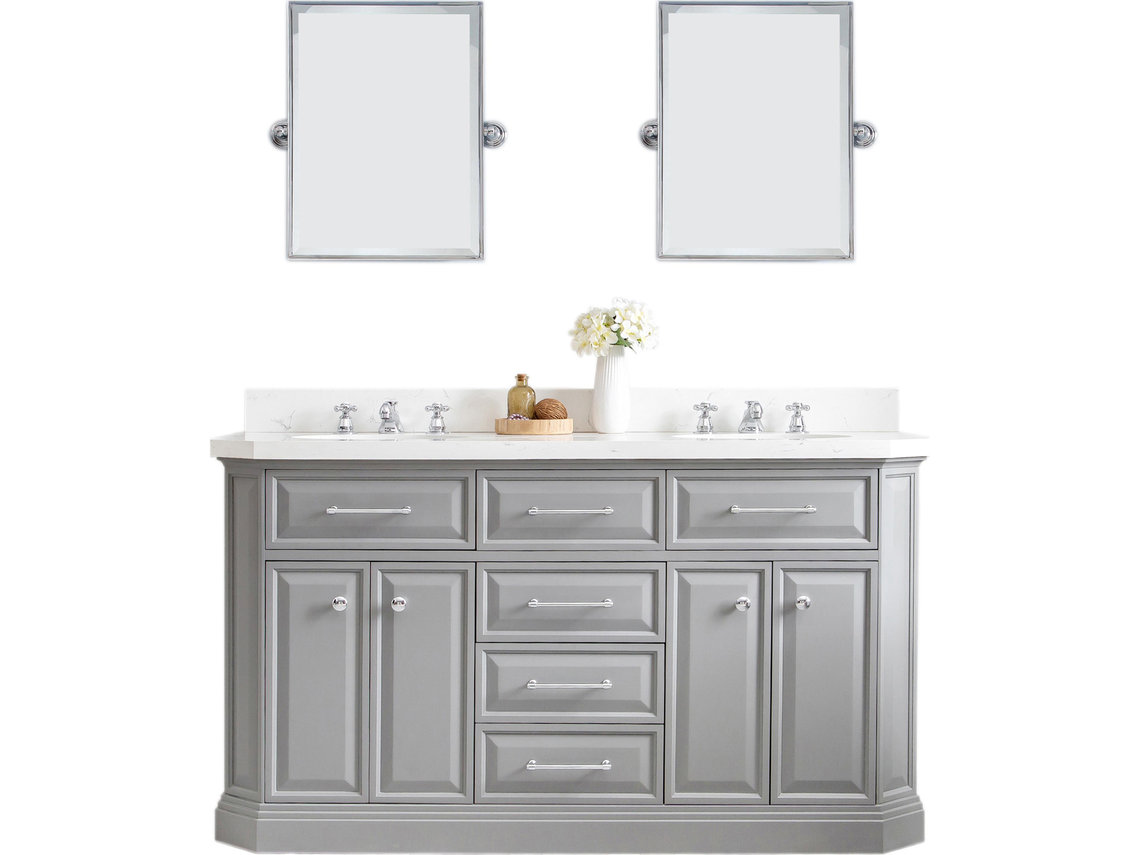 Water Creation Palace Double Sink Carrara Quartz Countertop Bath Vanity in Cashmere Grey with Chrome Hardware and Rectangular Pivot Mirrors