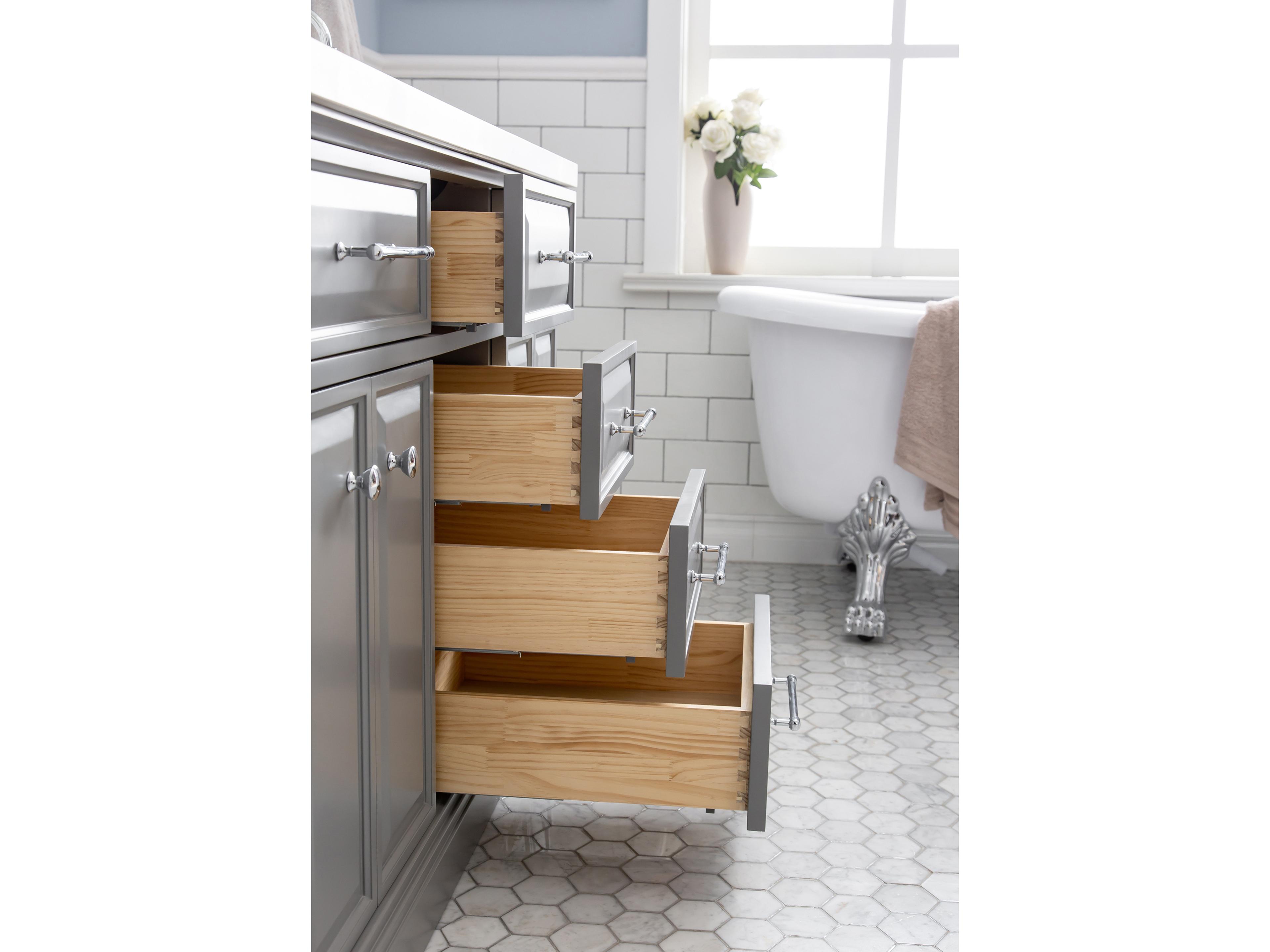 Water Creation Palace Double Sink Carrara Quartz Countertop Bath Vanity in Cashmere Grey with Chrome Hardware and Rectangular Pivot Mirrors