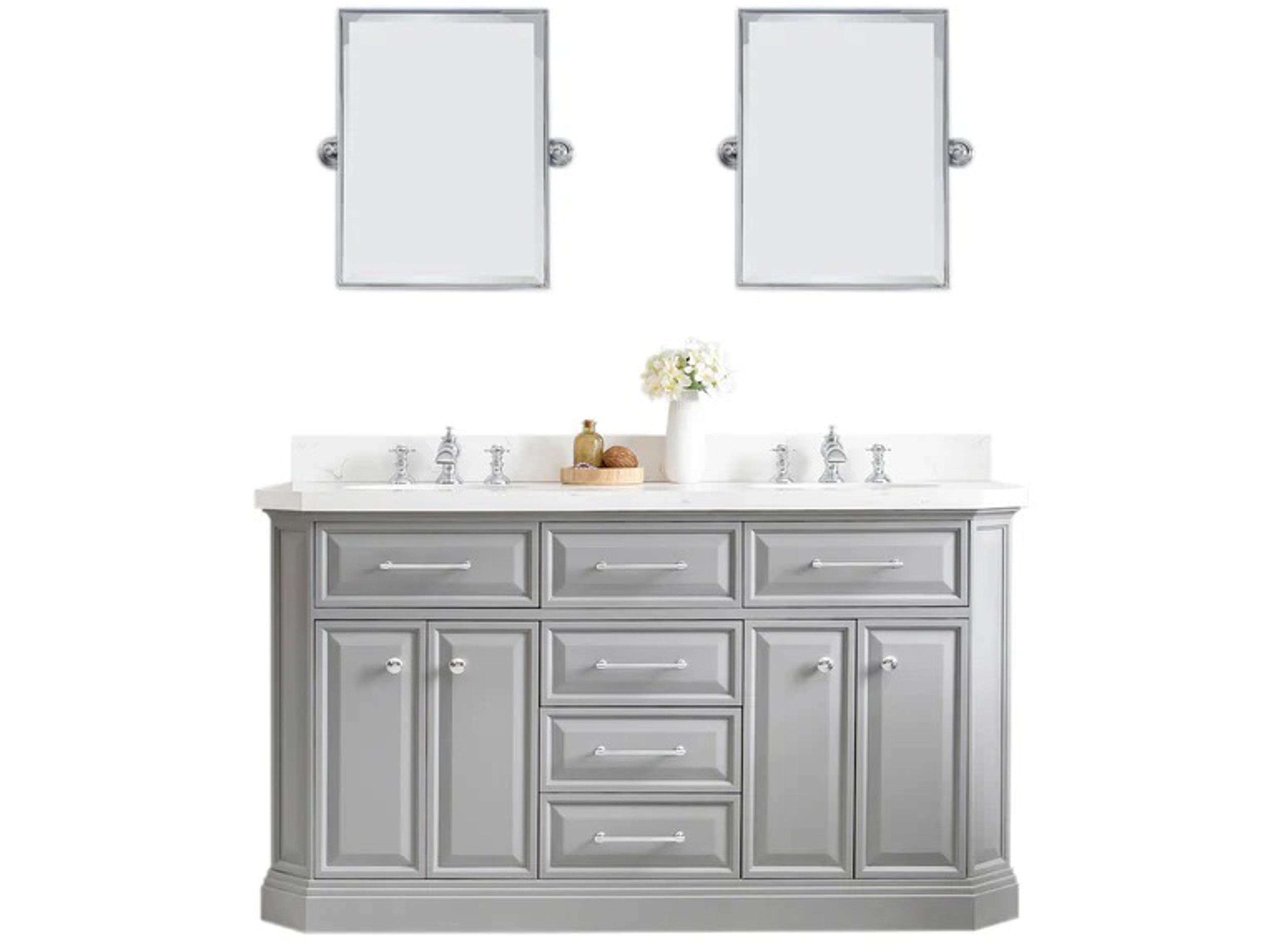 Palace Double Sink Carrara Quartz Countertop Bath Vanity in Cashmere Grey with Chrome Hardware, Waterfall Faucets and Rectangular Pivot Mirrors