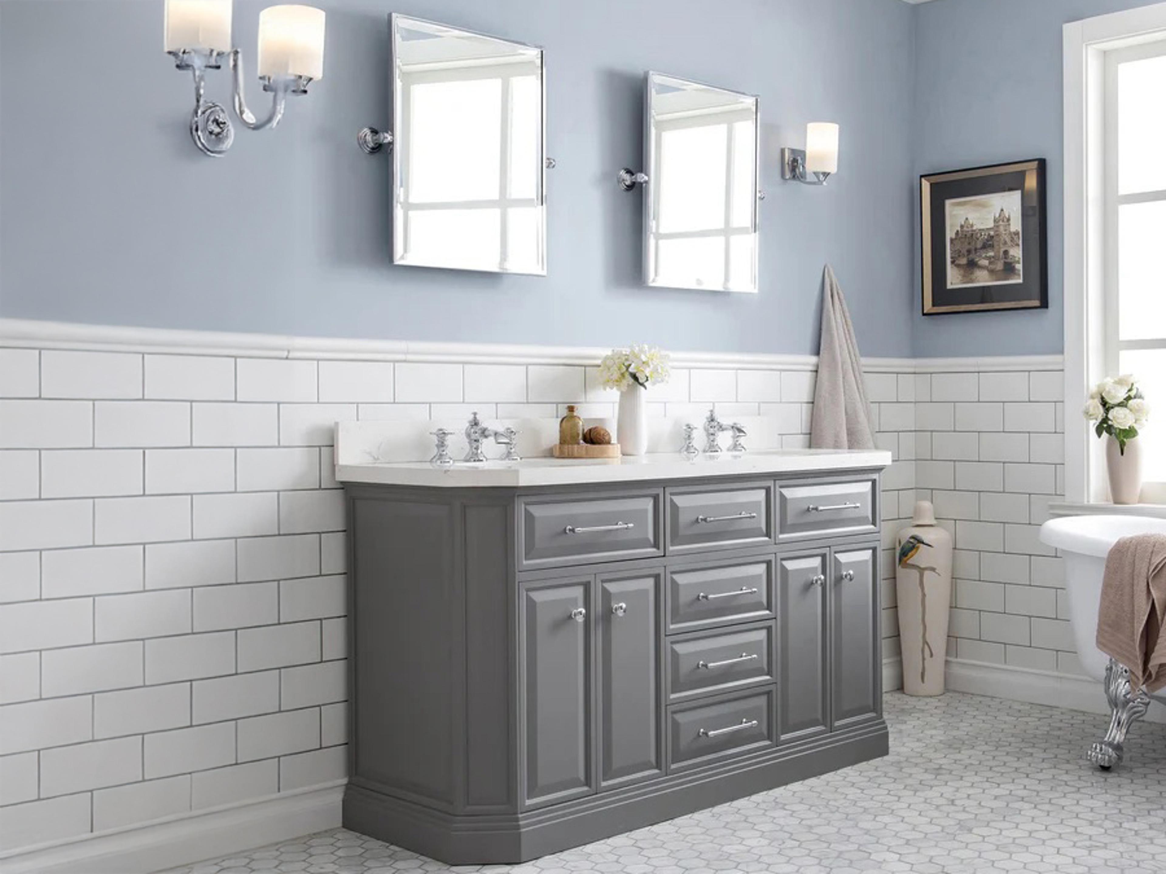 Water Creation Palace Double Sink Carrara Quartz Countertop Bath Vanity in Cashmere Grey with Chrome Hardware, Waterfall Faucets and Rectangular Pivot Mirrors