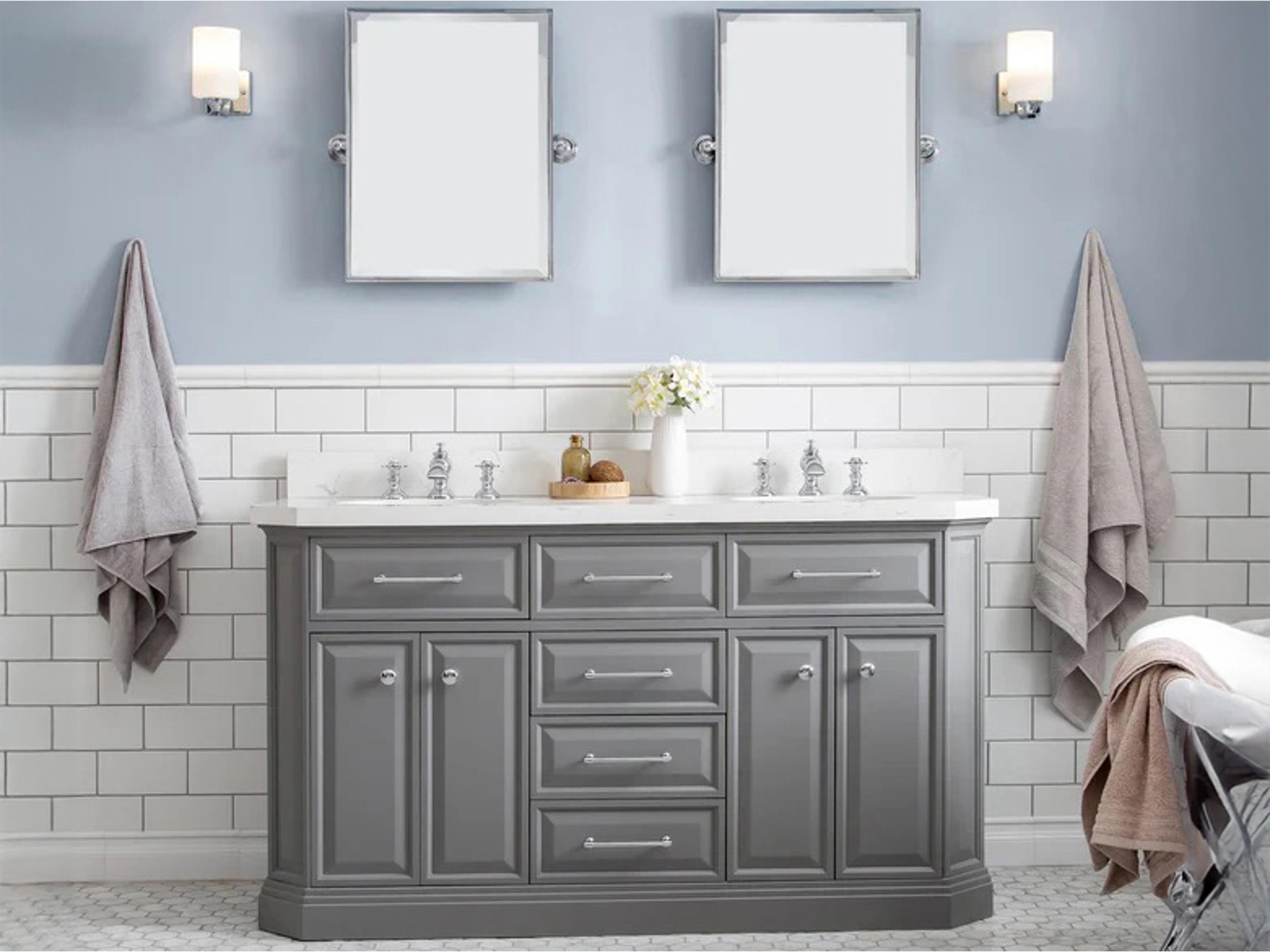 Water Creation Palace Double Sink Carrara Quartz Countertop Bath Vanity in Cashmere Grey with Chrome Hardware, Waterfall Faucets and Rectangular Pivot Mirrors