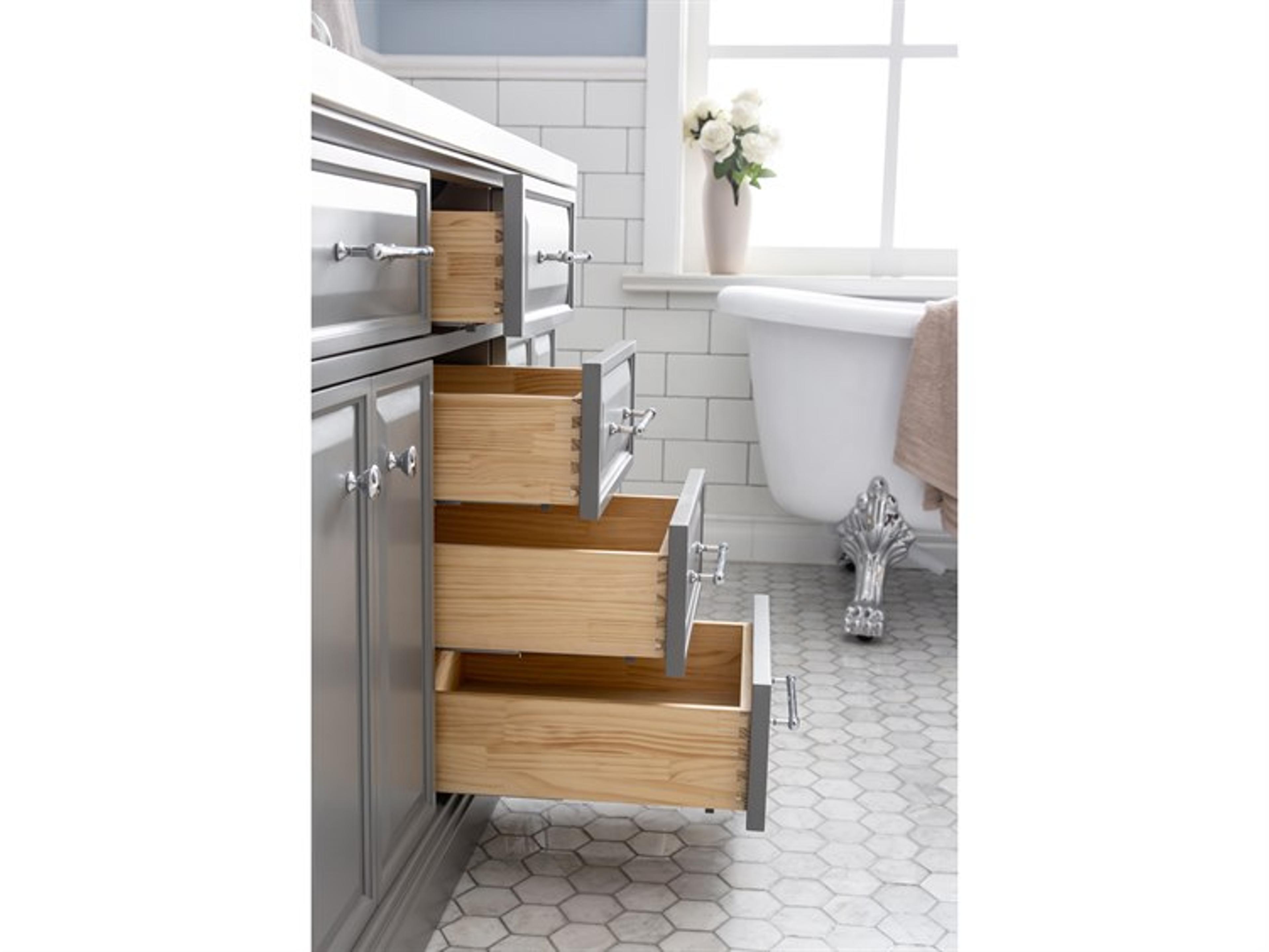 Water Creation Palace Double Sink Carrara Quartz Countertop Bath Vanity in Cashmere Grey with Chrome Hardware, Waterfall Faucets and Rectangular Pivot Mirrors